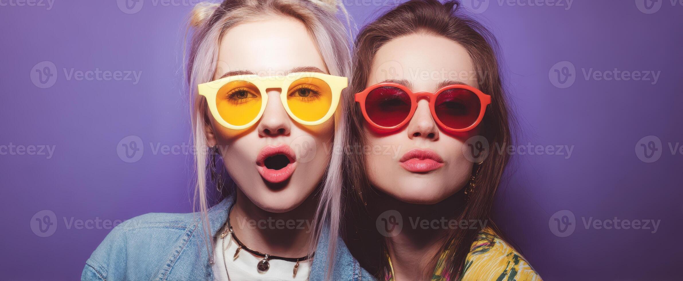 The vibrant friendship of two stylish women wearing funky sunglasses. photo