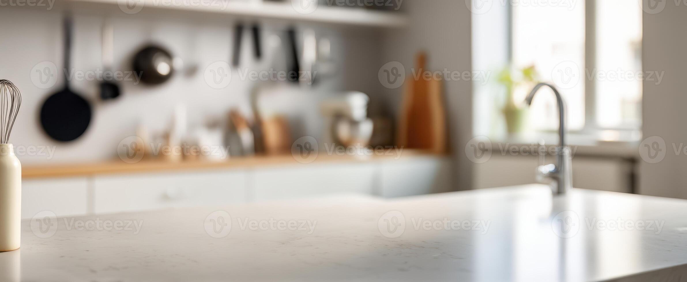 The modern kitchen countertop with elegant design and functional decor elements. photo