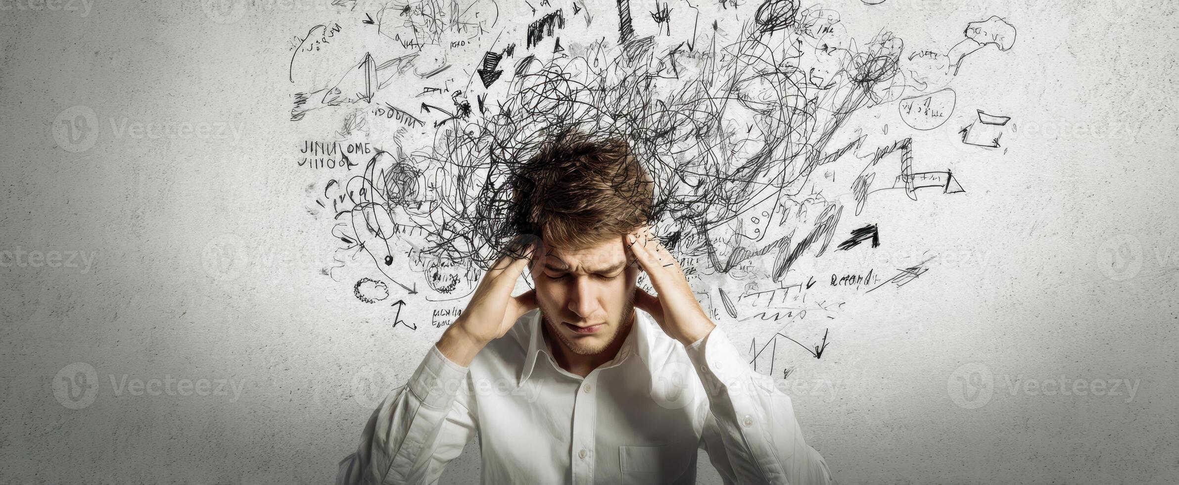 The man overwhelmed by chaotic thoughts and stress in a creative illustration. photo