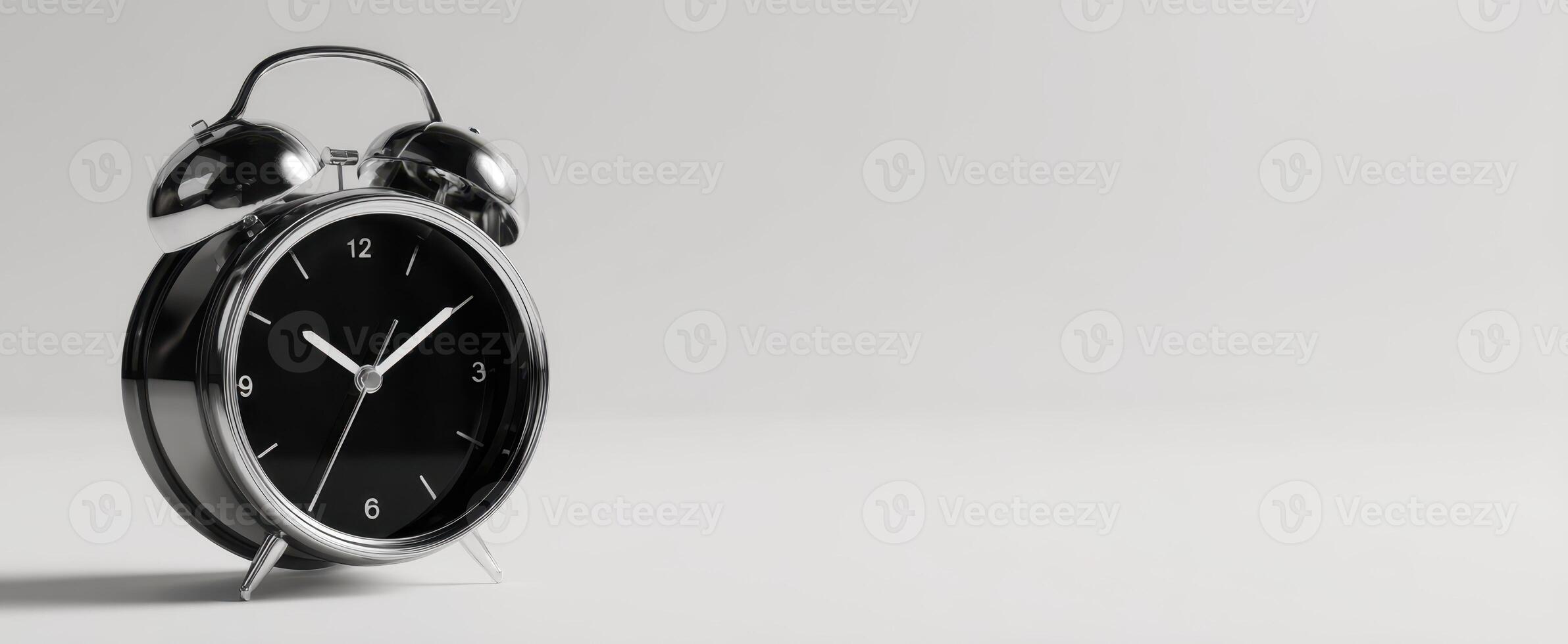 The classic black alarm clock on a minimalist surface in soft light. photo