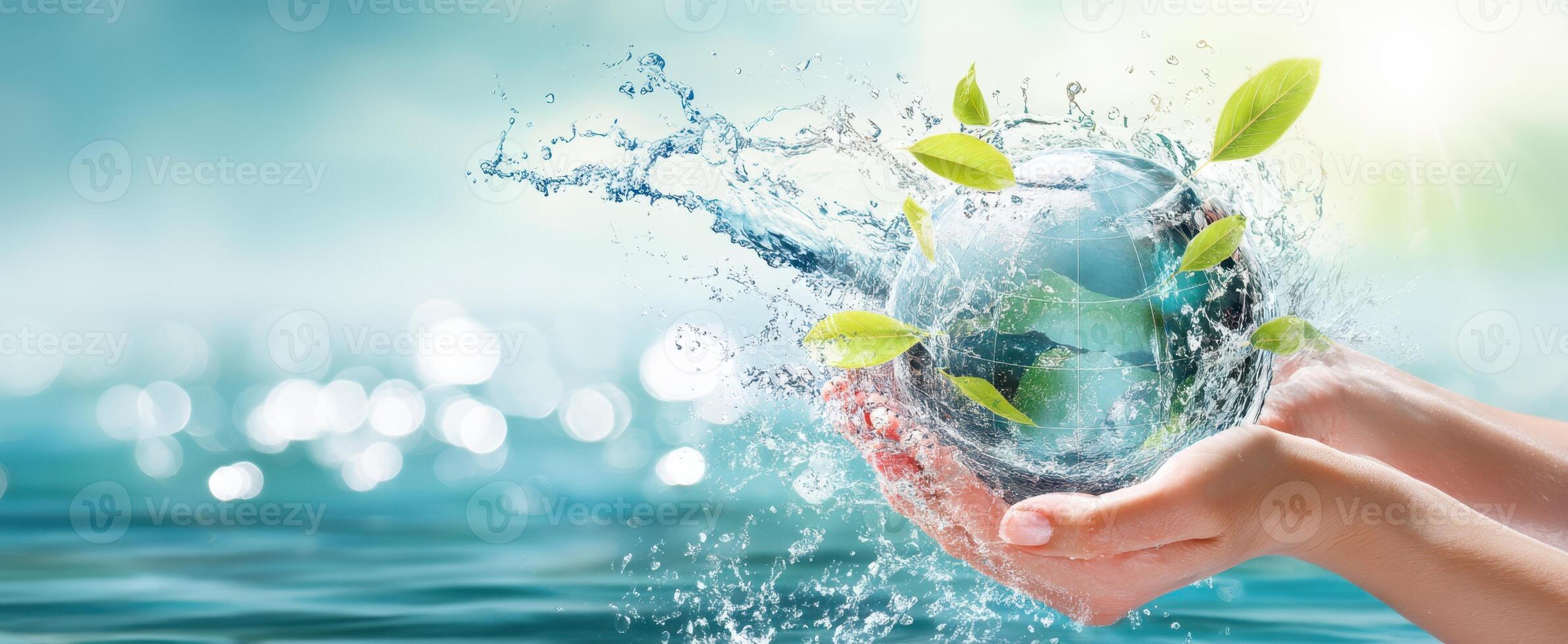 The Hands Cradling a Globe of Water Surrounded by Fresh Green Leaves photo