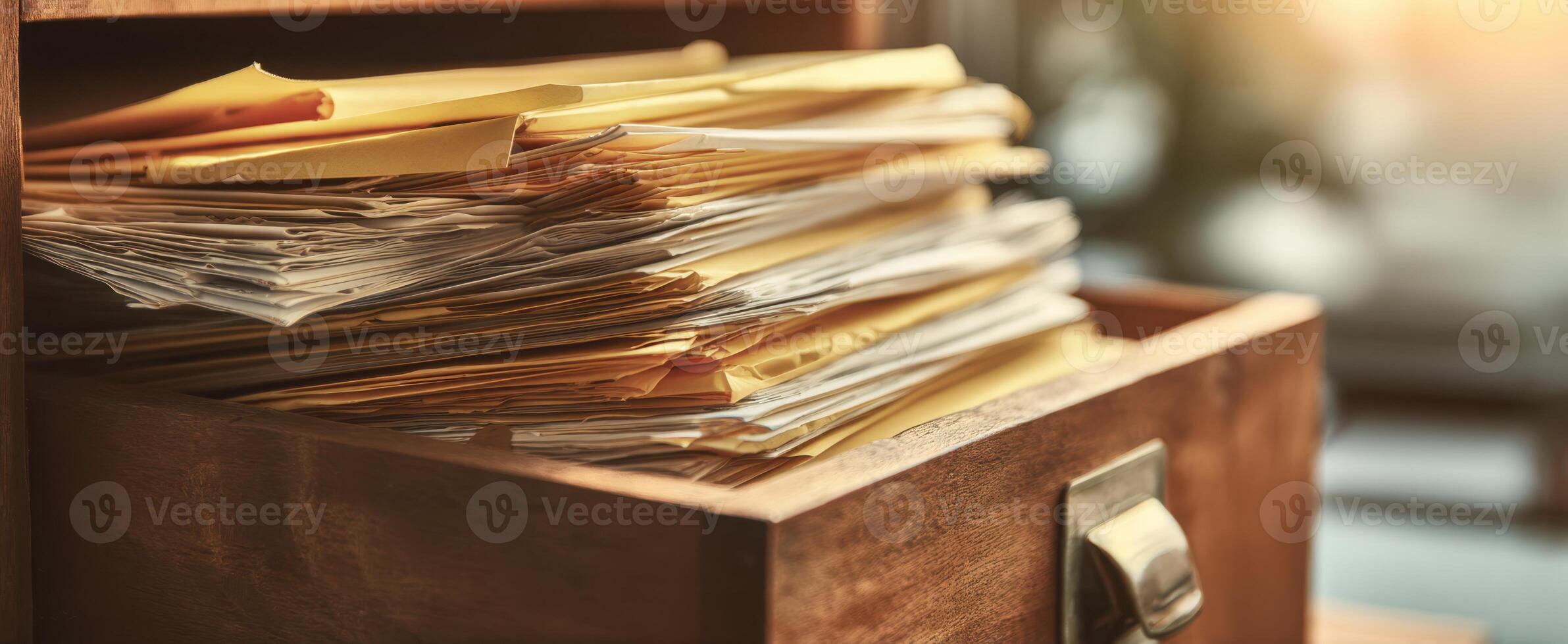 The organized chaos of stacked paper files in a wooden drawer. photo