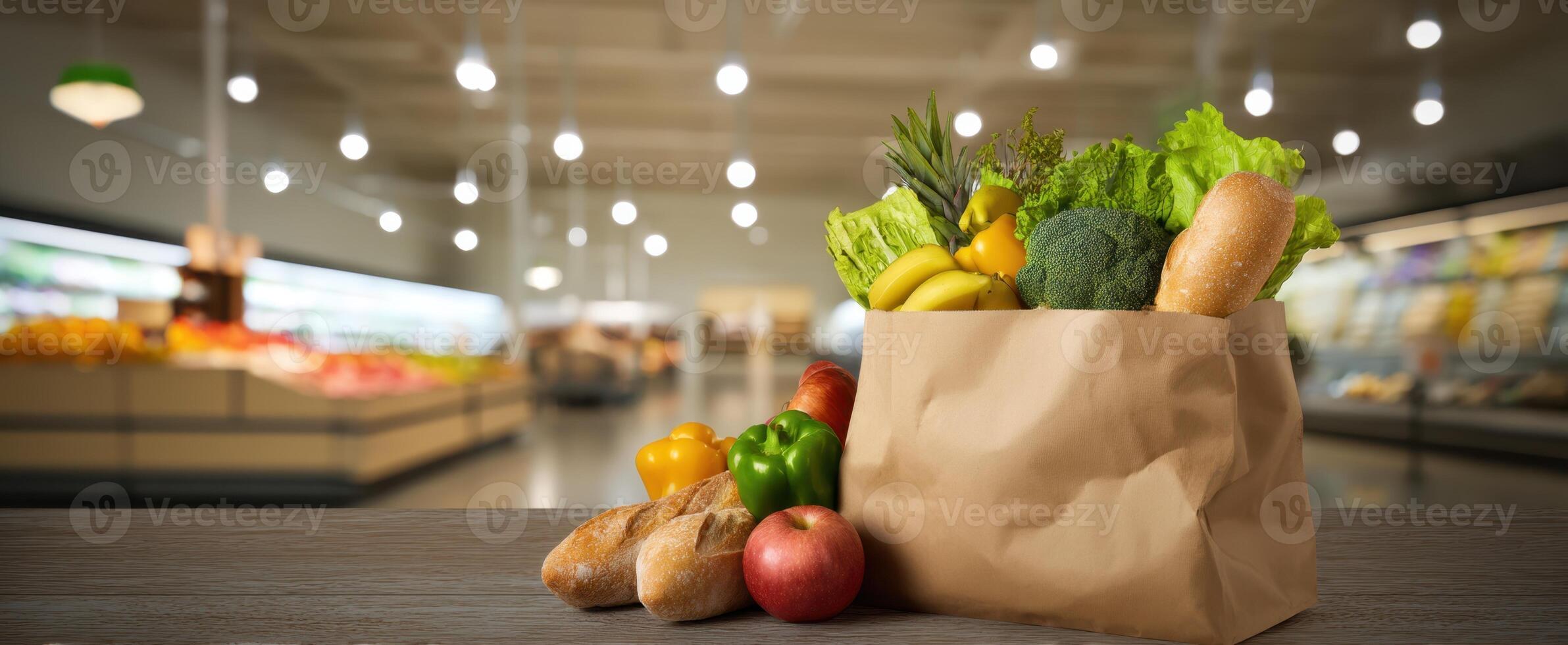 The fresh grocery bag overflowing with vibrant fruits and vegetables. photo