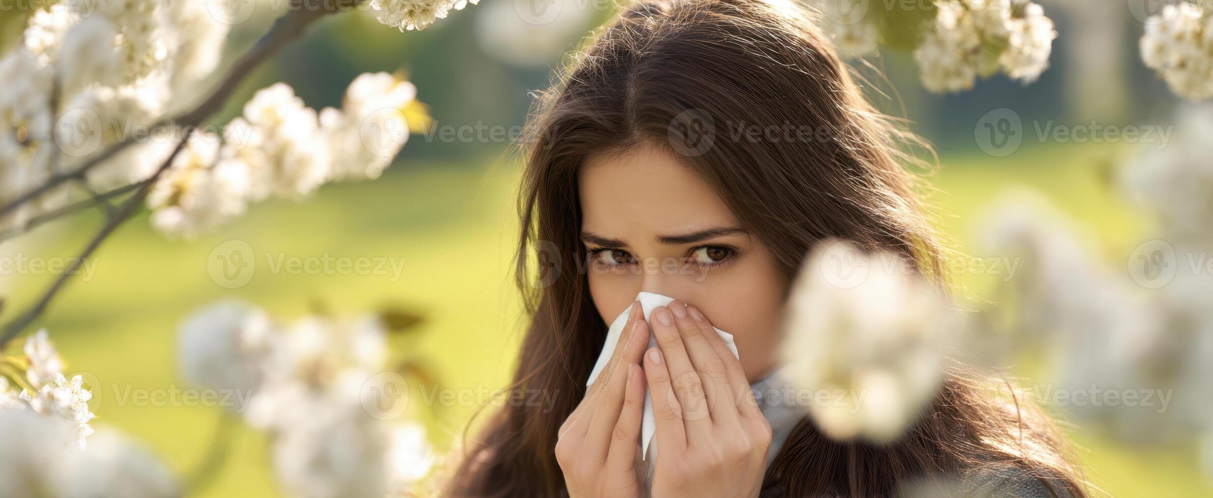 The woman experiencing allergies in a blooming spring landscape. photo