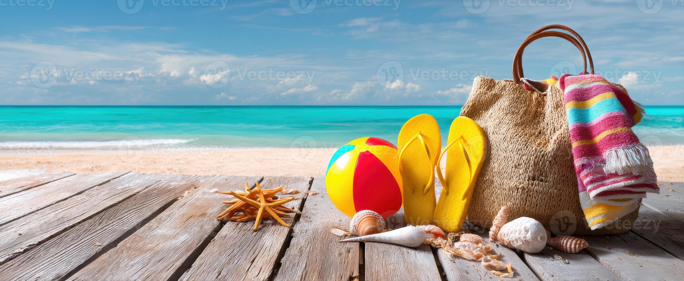 The vibrant beach scene with summer essentials for a delightful getaway. photo
