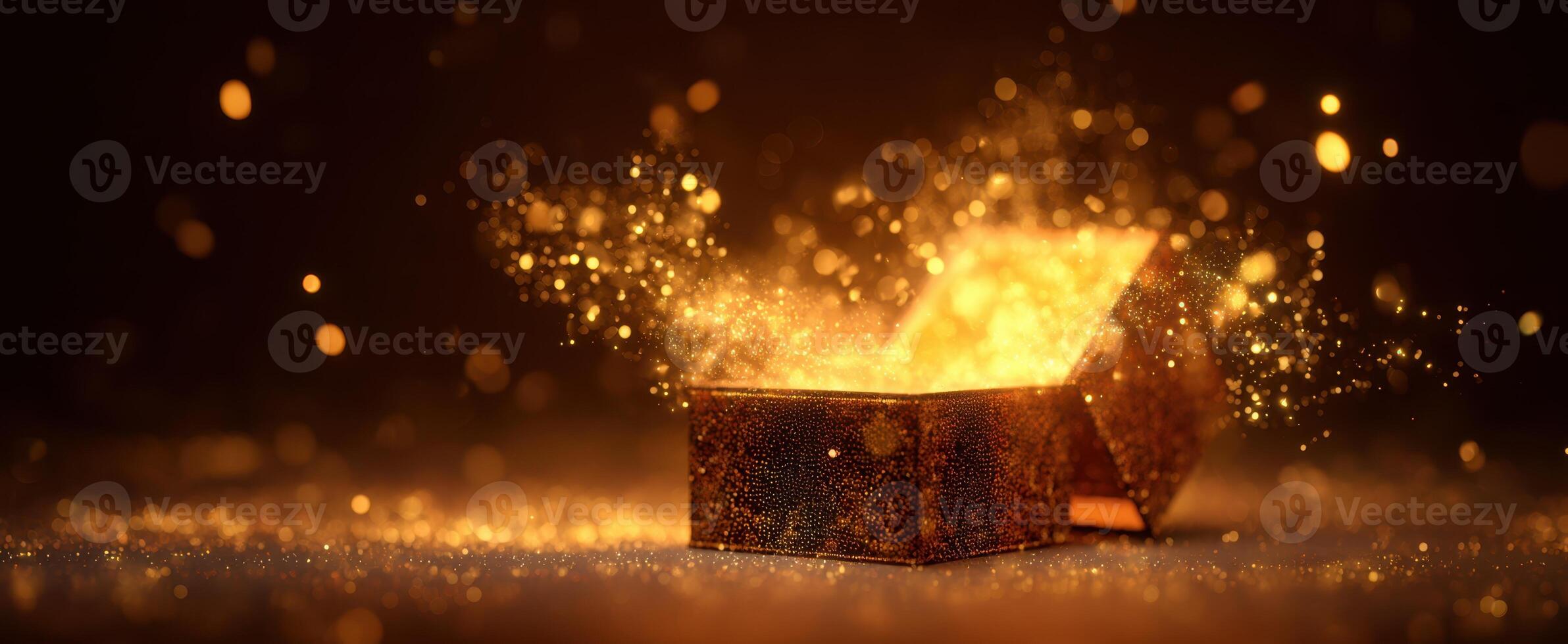 The treasure chest overflowing with magical golden sparkles in darkness. photo
