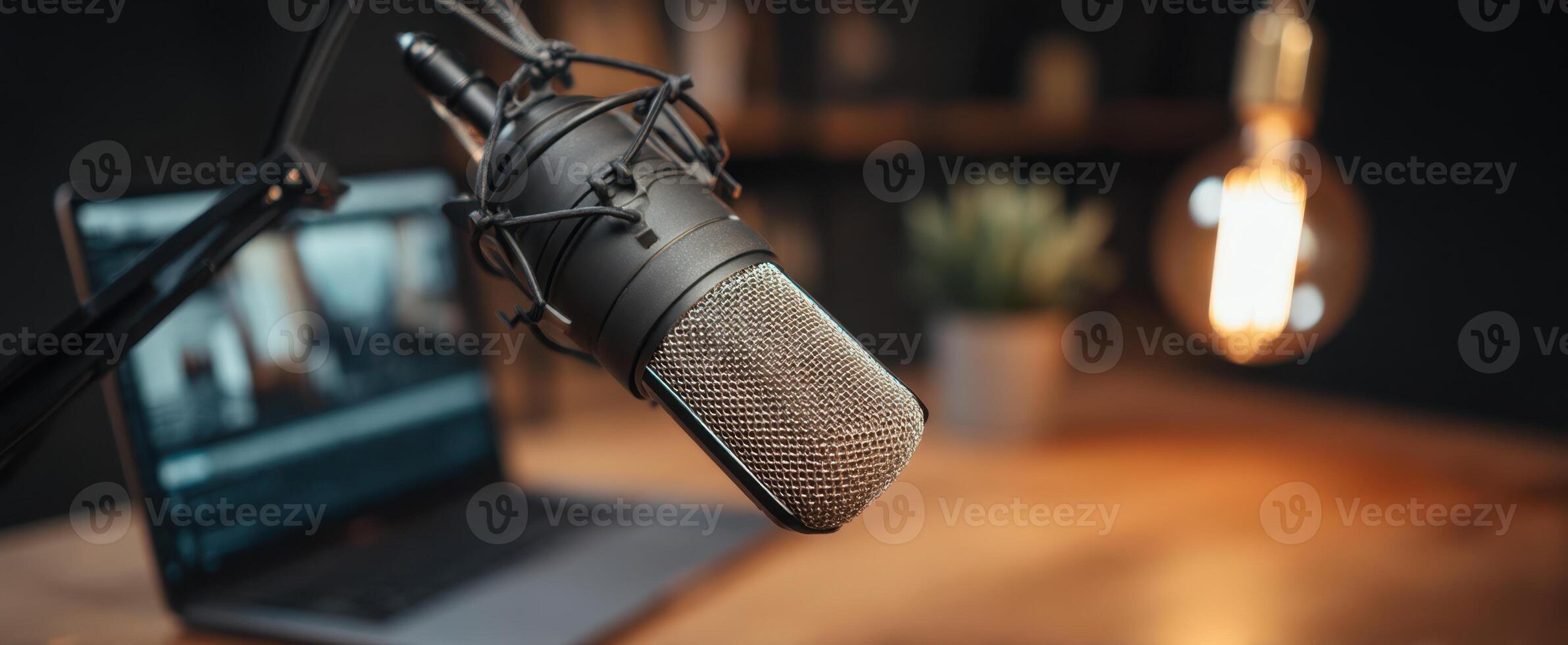 The professional microphone setup enhancing audio quality in a modern workspace. photo