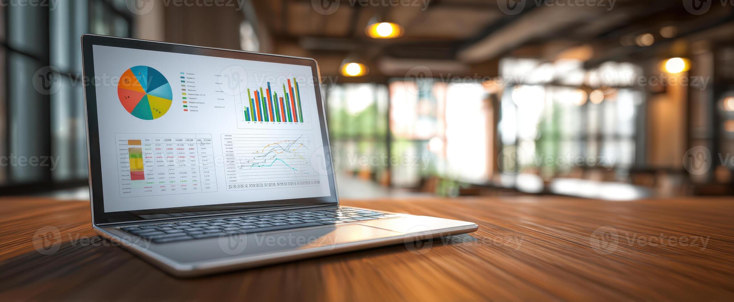 The laptop displaying business analytics in a modern office workspace. photo