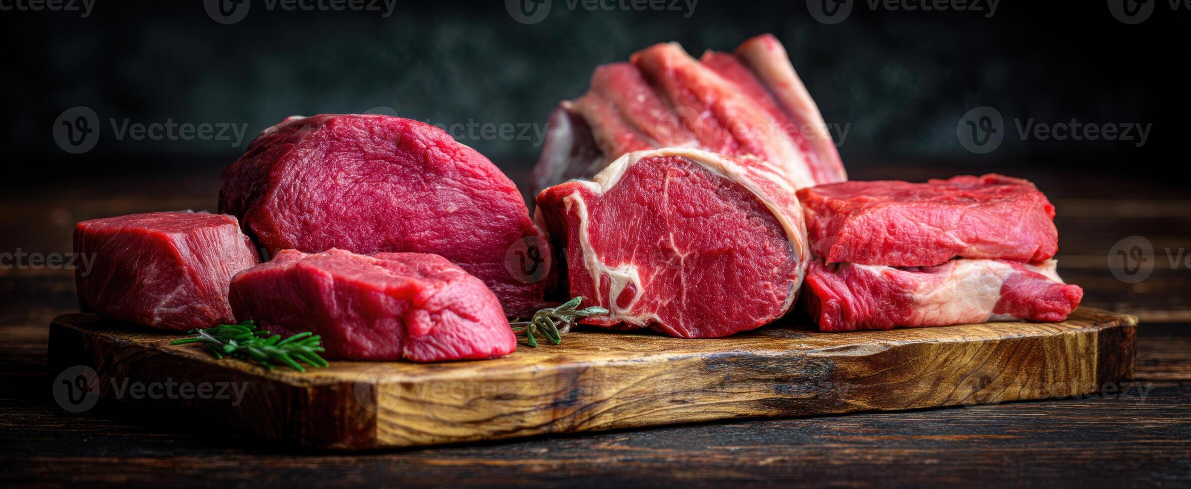The assortment of fresh beef cuts on a wooden board with herbs. photo