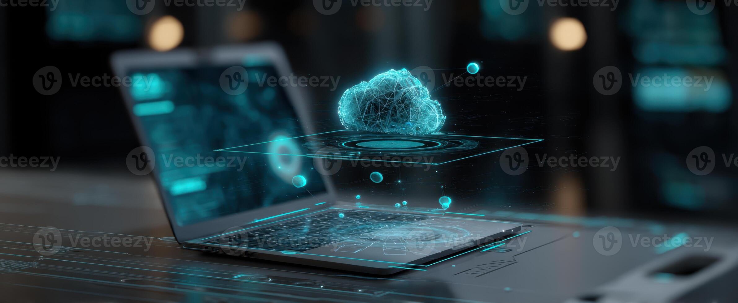 The futuristic laptop displaying an interactive hologram of a cloud computing network. photo