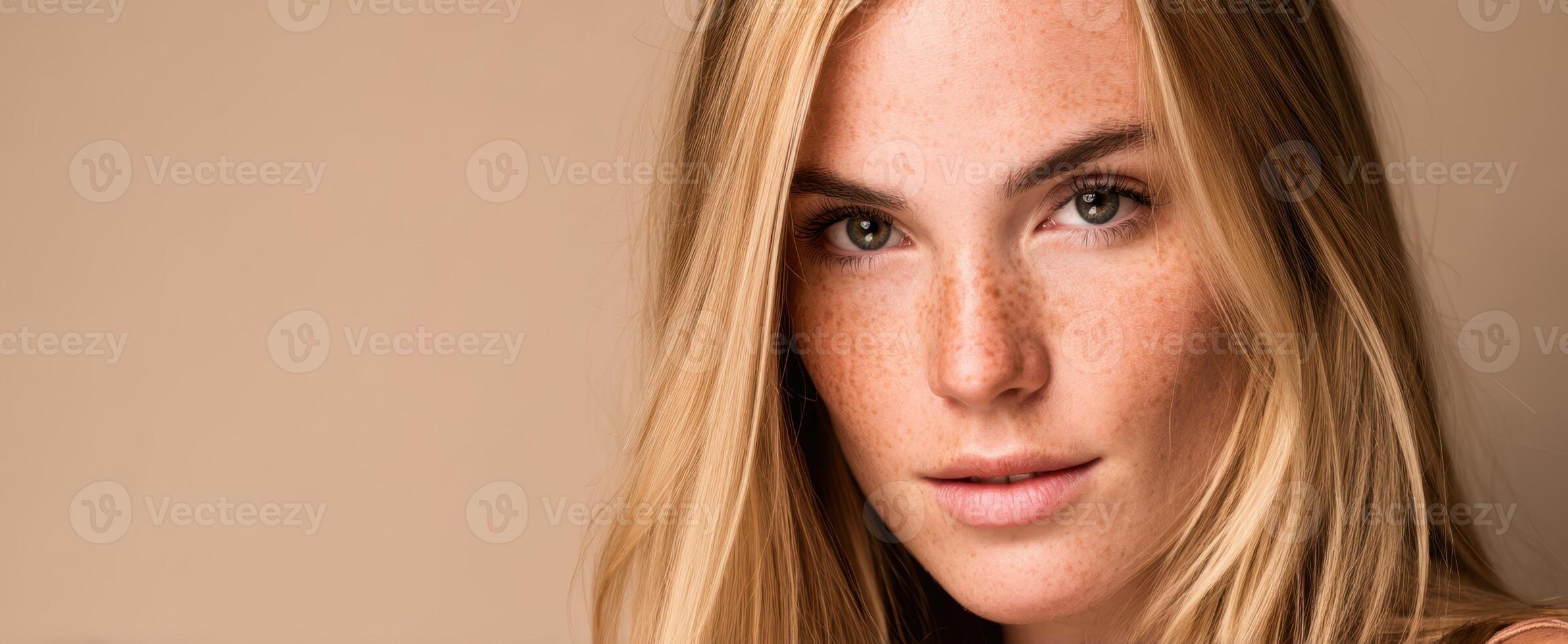 The beautiful blonde woman with freckles and captivating gaze in soft lighting. photo