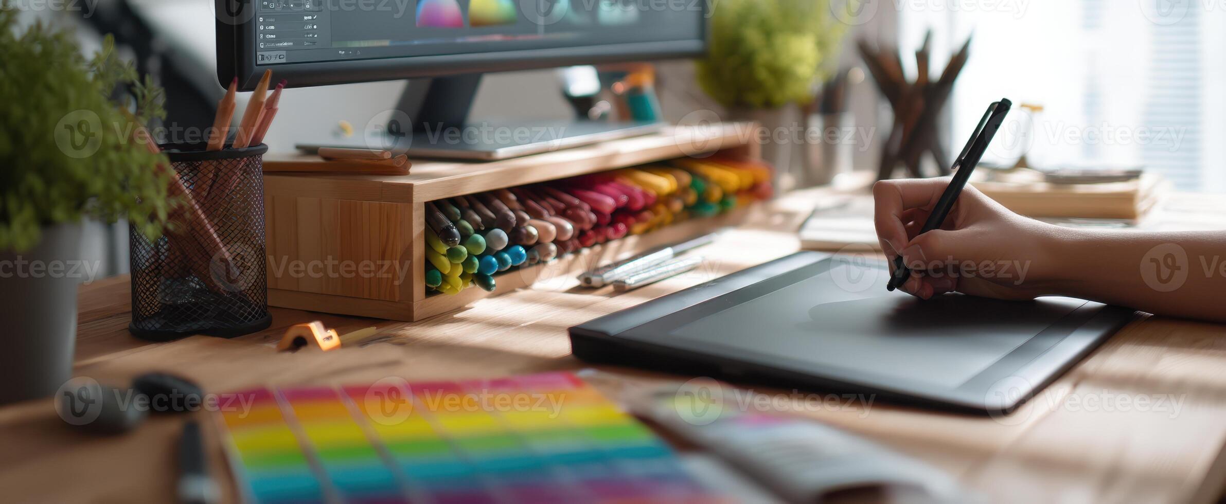 The creative workspace featuring a digital drawing tablet and vibrant colors. photo