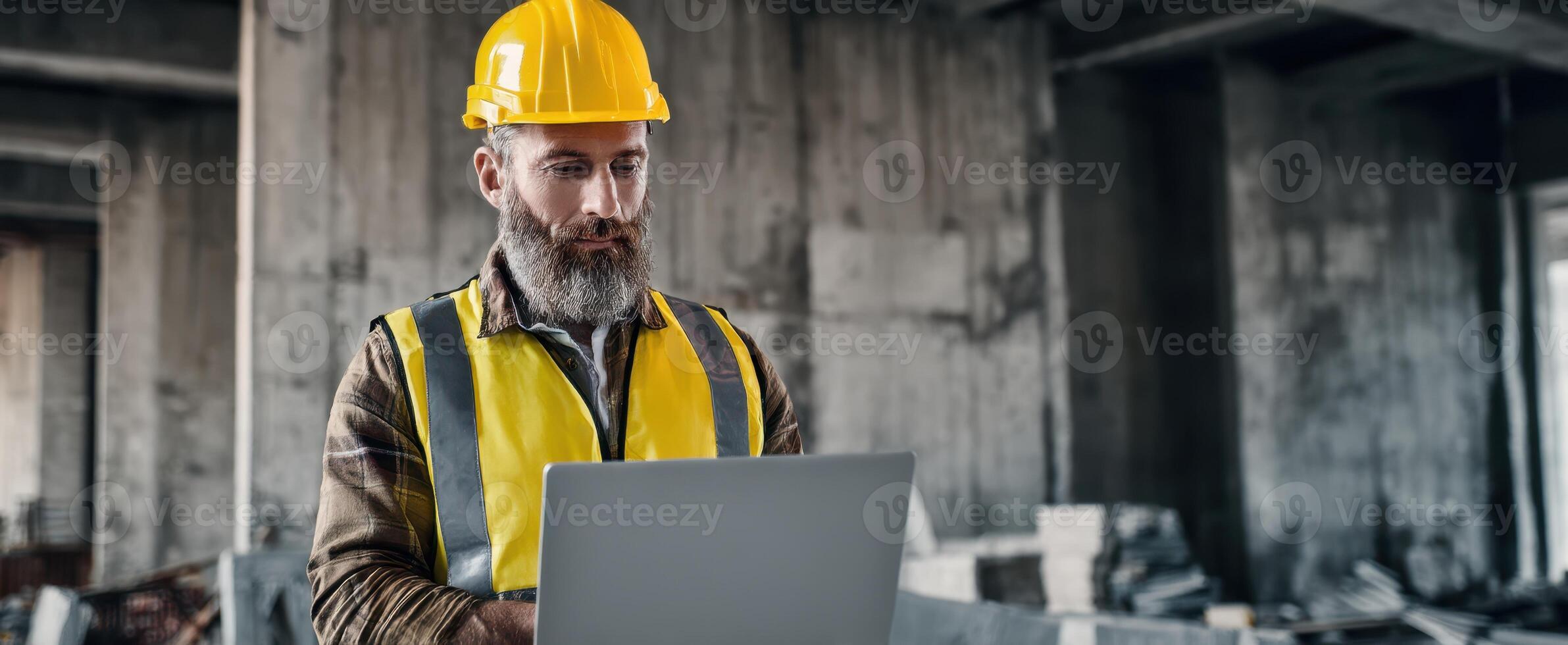 The construction worker using a laptop on a building site. photo