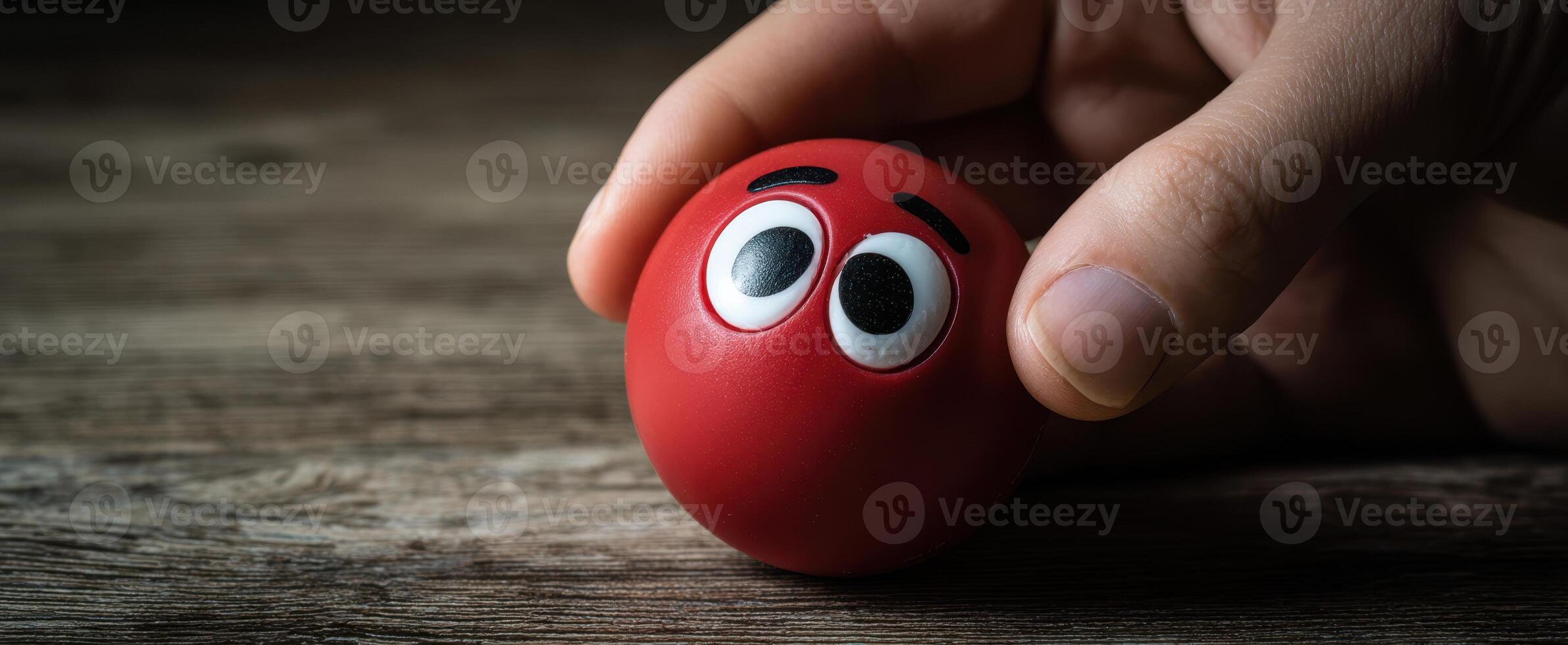 The cheerful red ball held in a playful hand on a wooden surface. photo