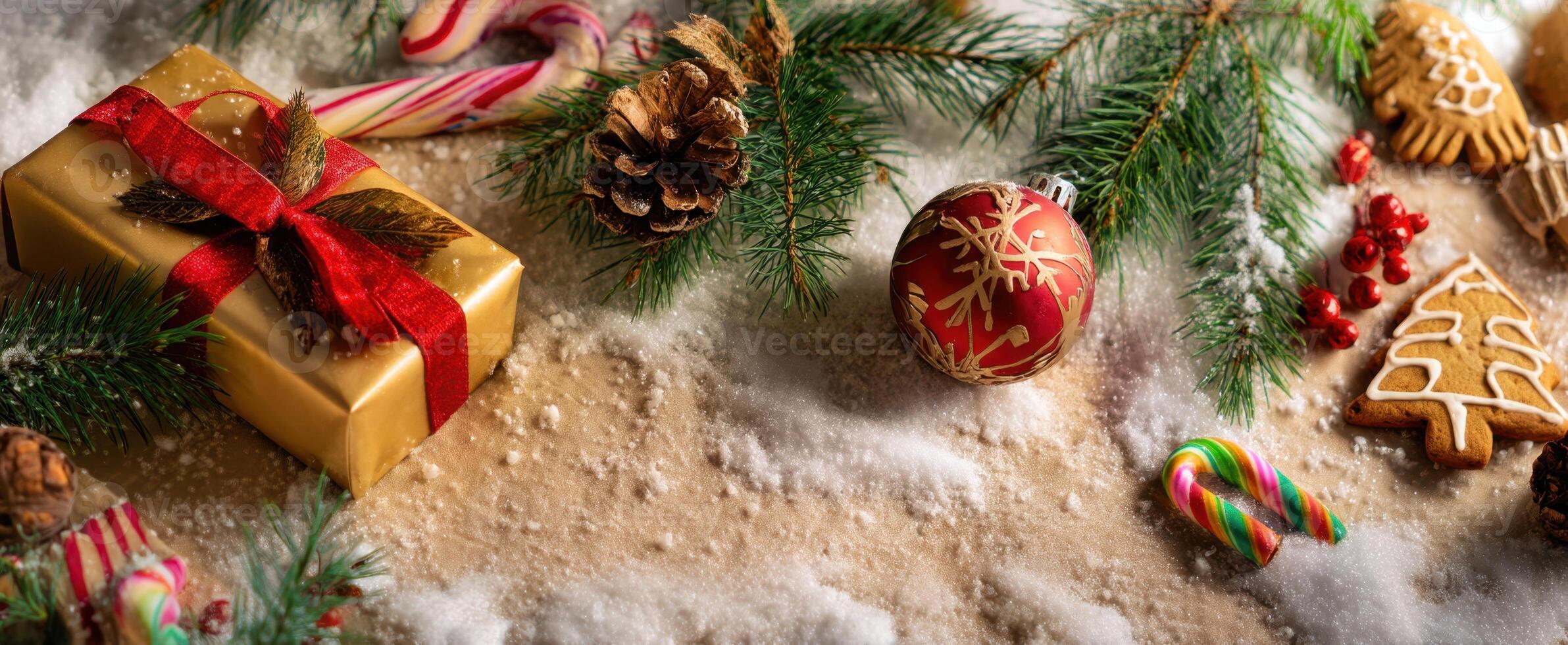 The festive arrangement of Christmas decorations and treats atop a snowy surface. photo