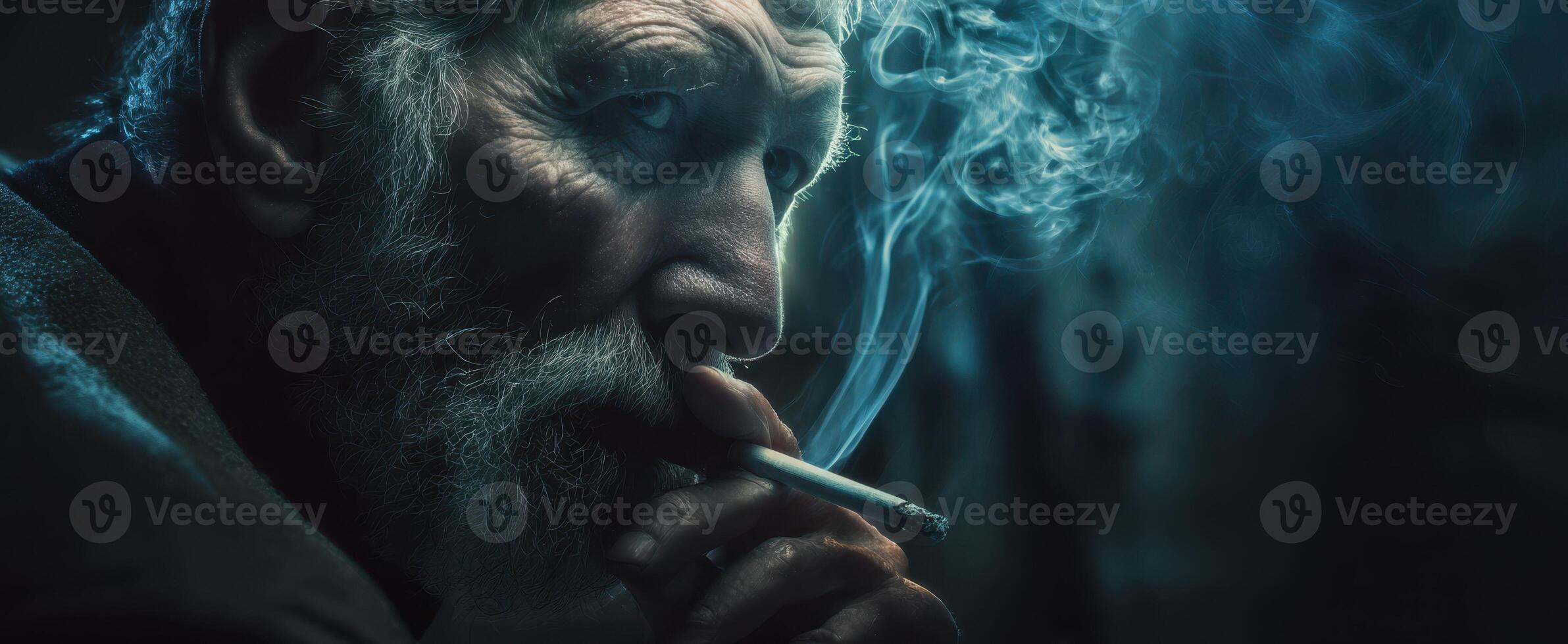 The contemplative man with a cigarette in a moody, atmospheric setting. photo