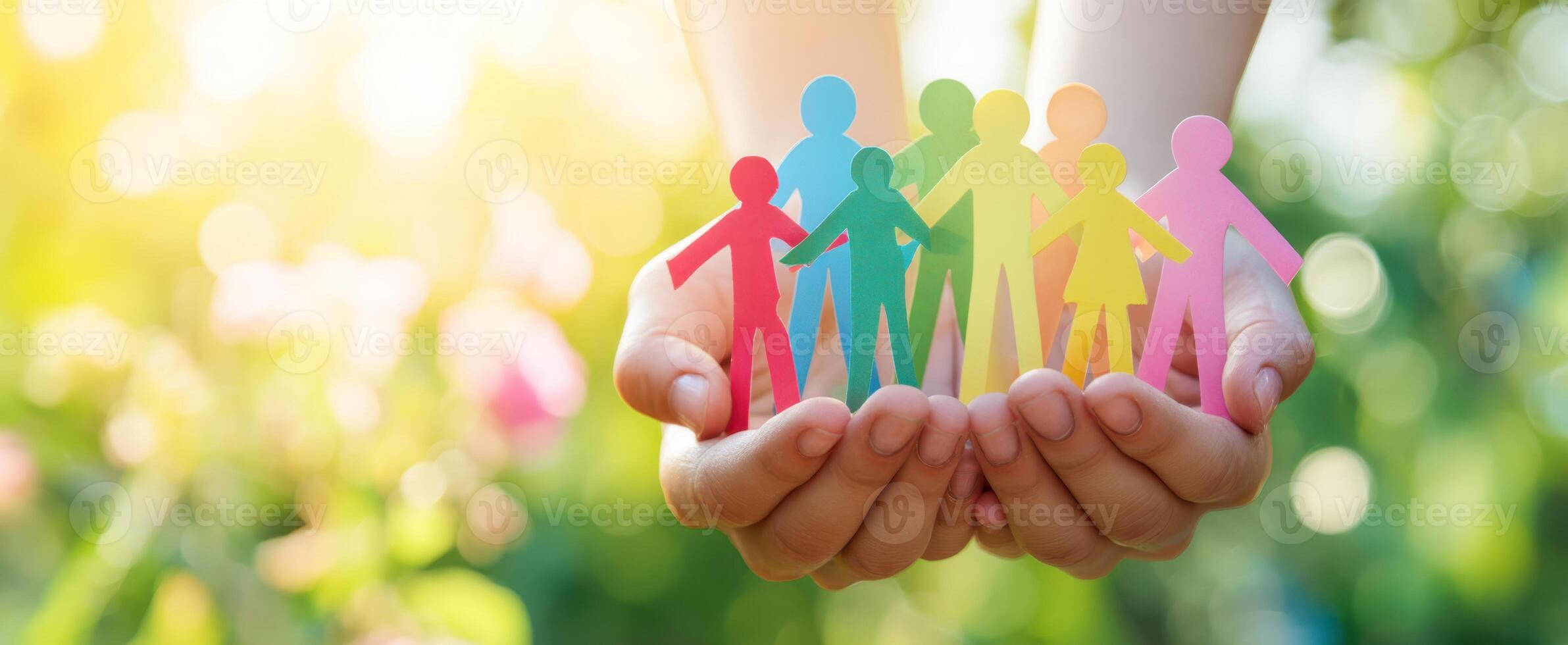 The colorful paper figures held in hands symbolizing unity and support. photo
