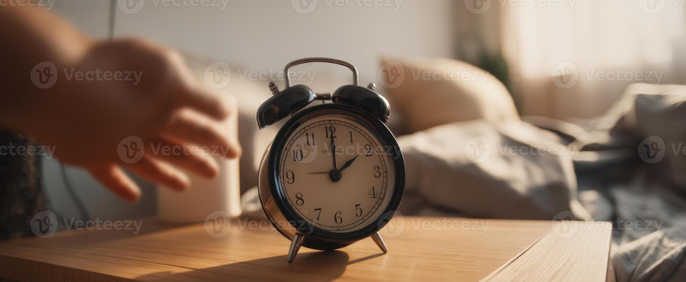 The alarm clock on a bedside table with an extended hand reaching for it. photo