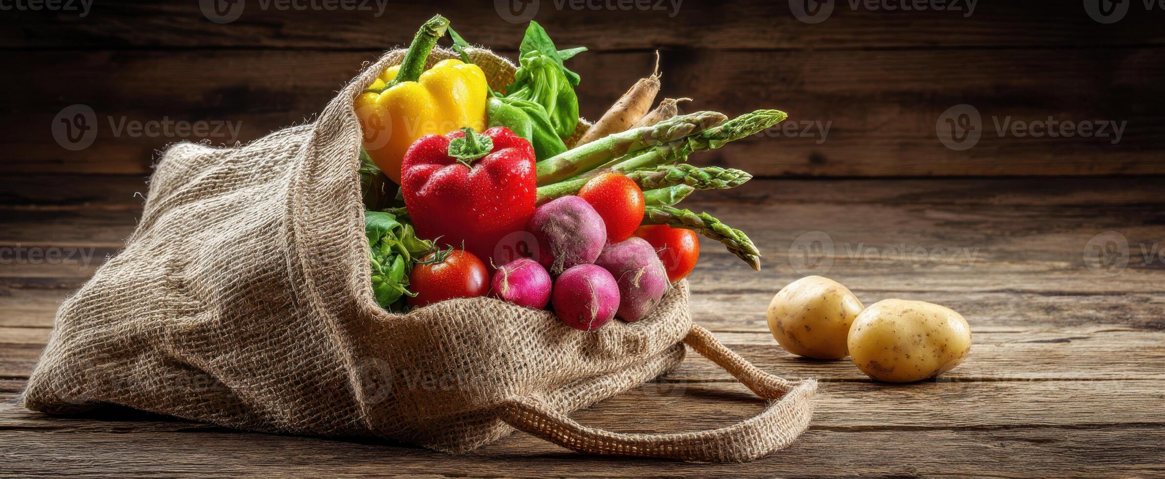 The burlap bag overflowing with vibrant fresh vegetables on wooden table photo