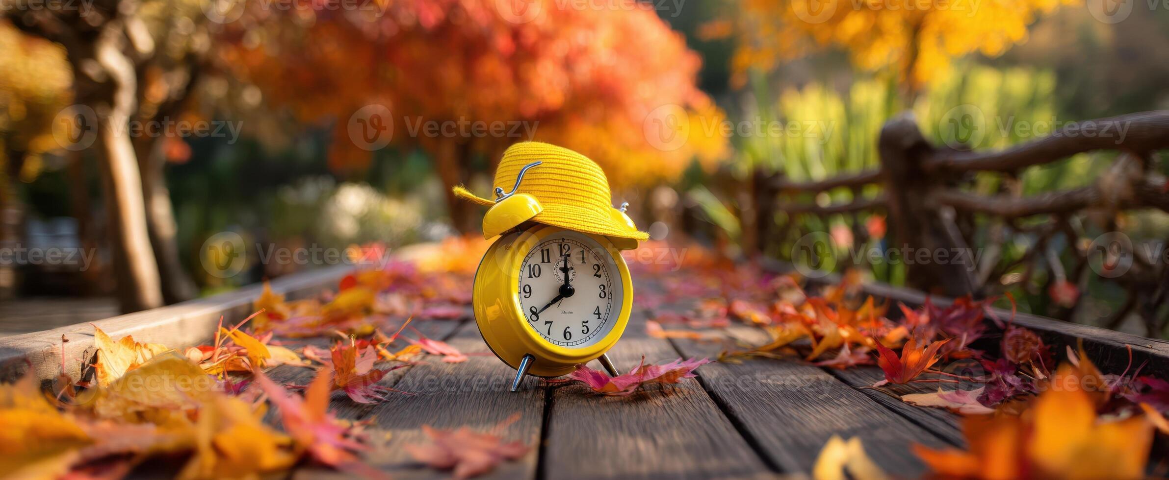 The vibrant yellow clock resting amidst colorful autumn leaves on a wooden table. photo