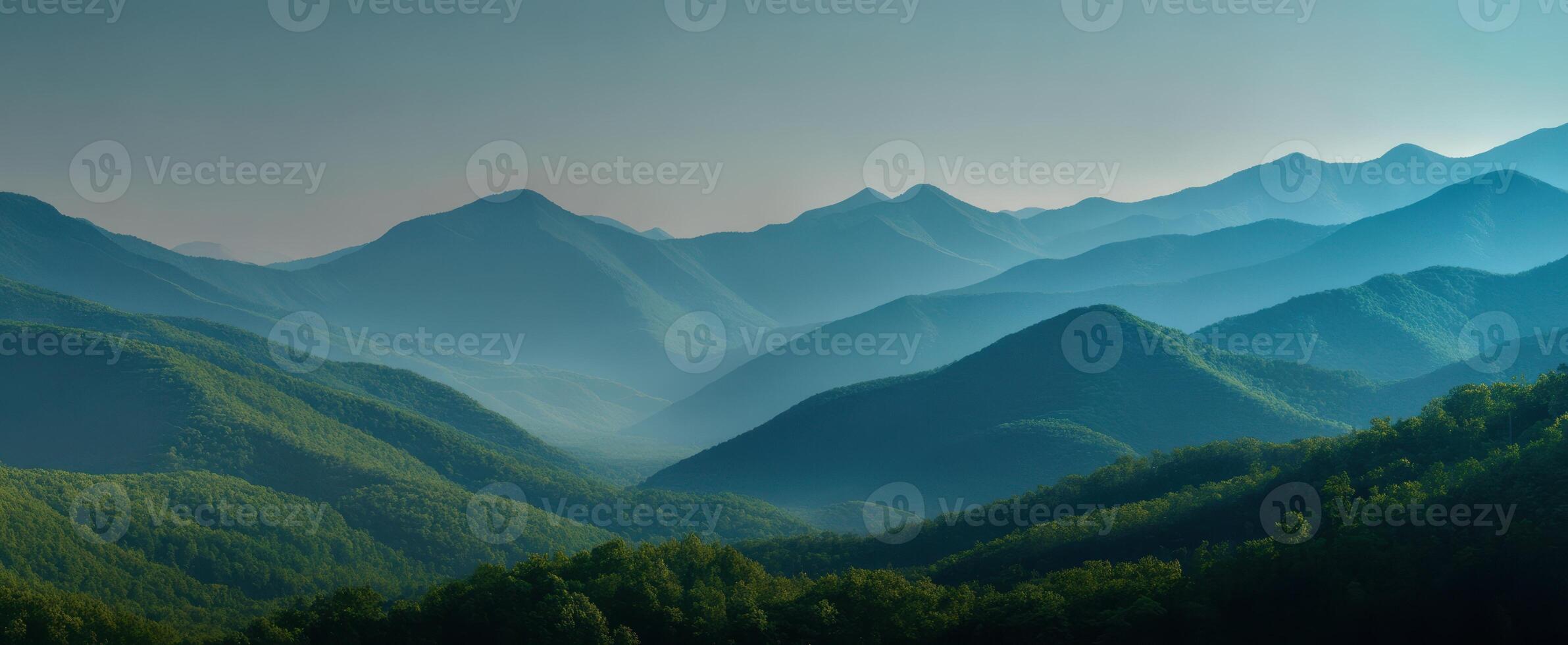 The serene beauty of mist-covered mountains in lush green landscape photo