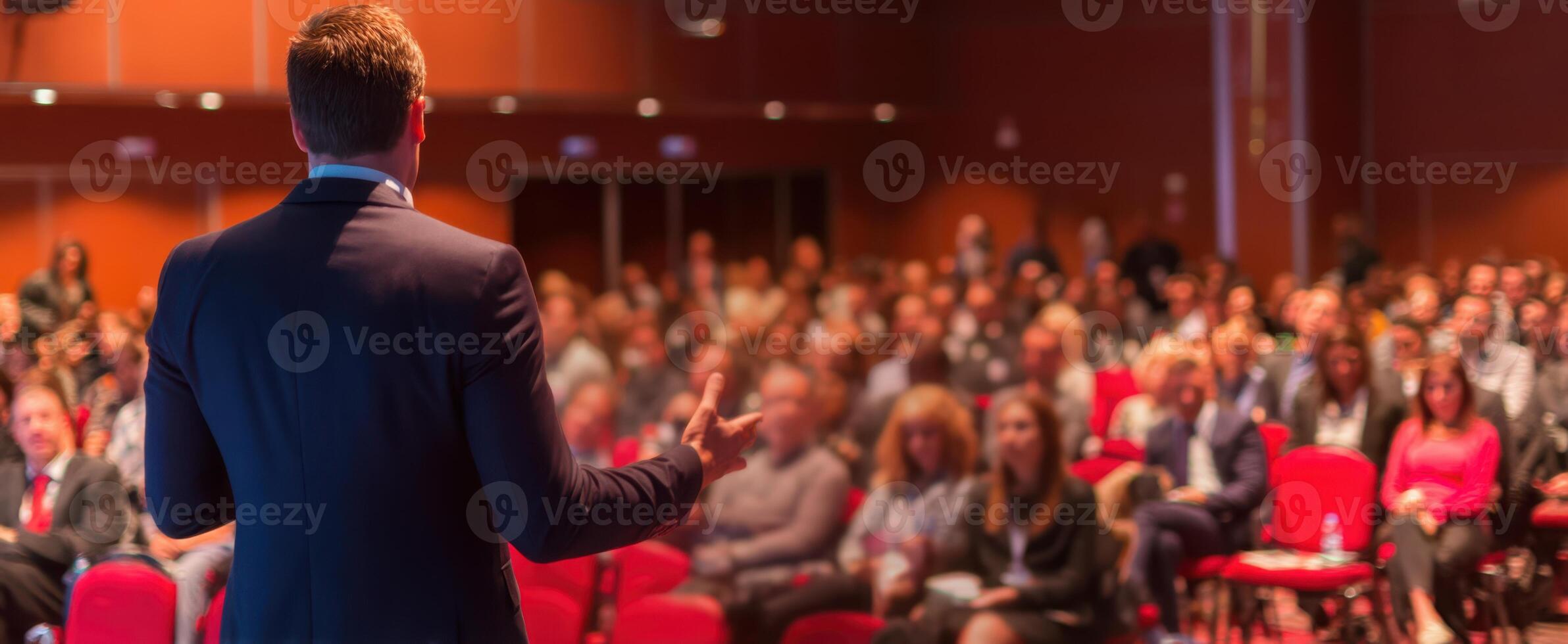 The speaker engaging a large audience during an impactful conference presentation. photo