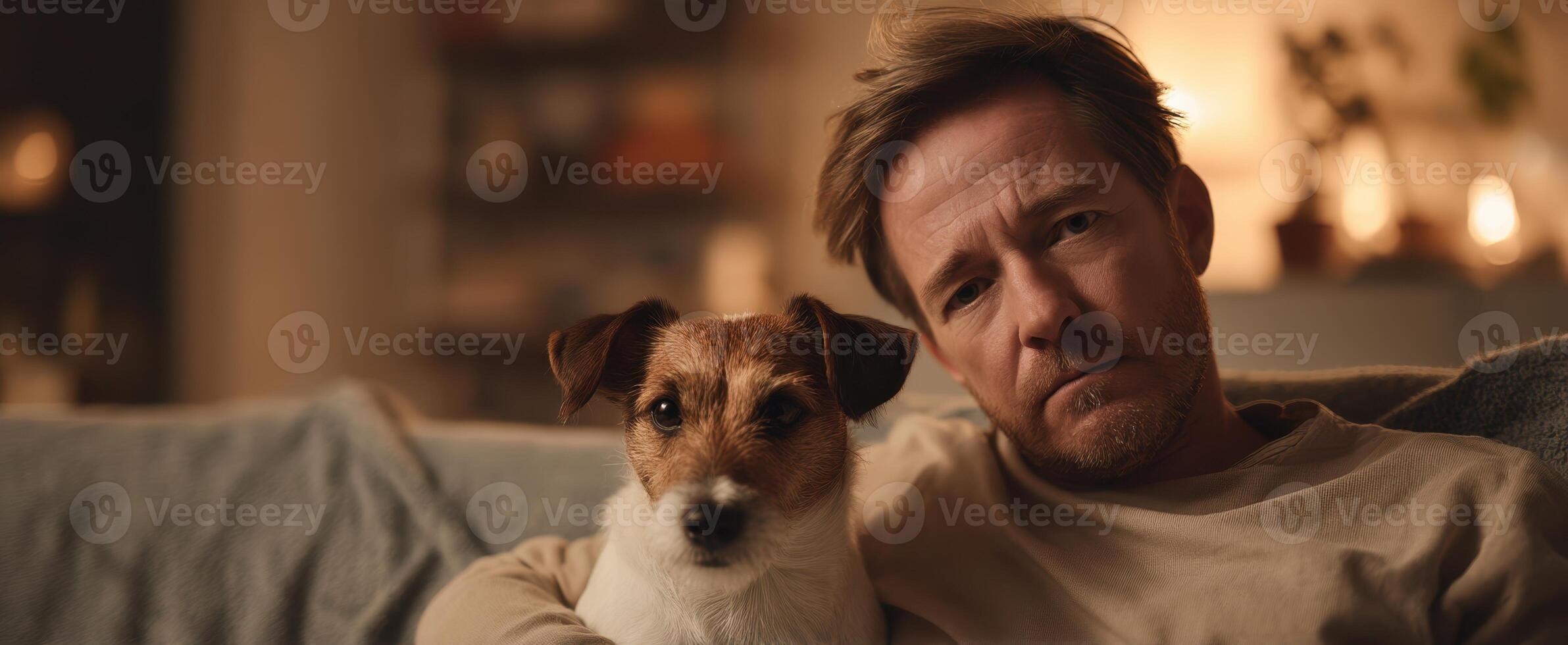 The man and his dog enjoying a cozy evening at home photo