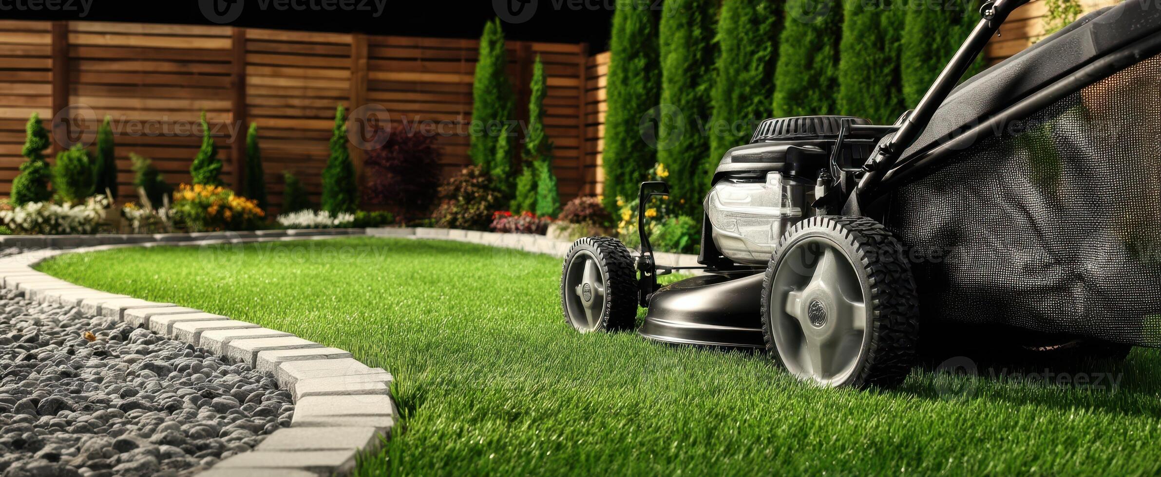 The Lawn Mower in a Beautifully Landscaped Night Garden Scene photo