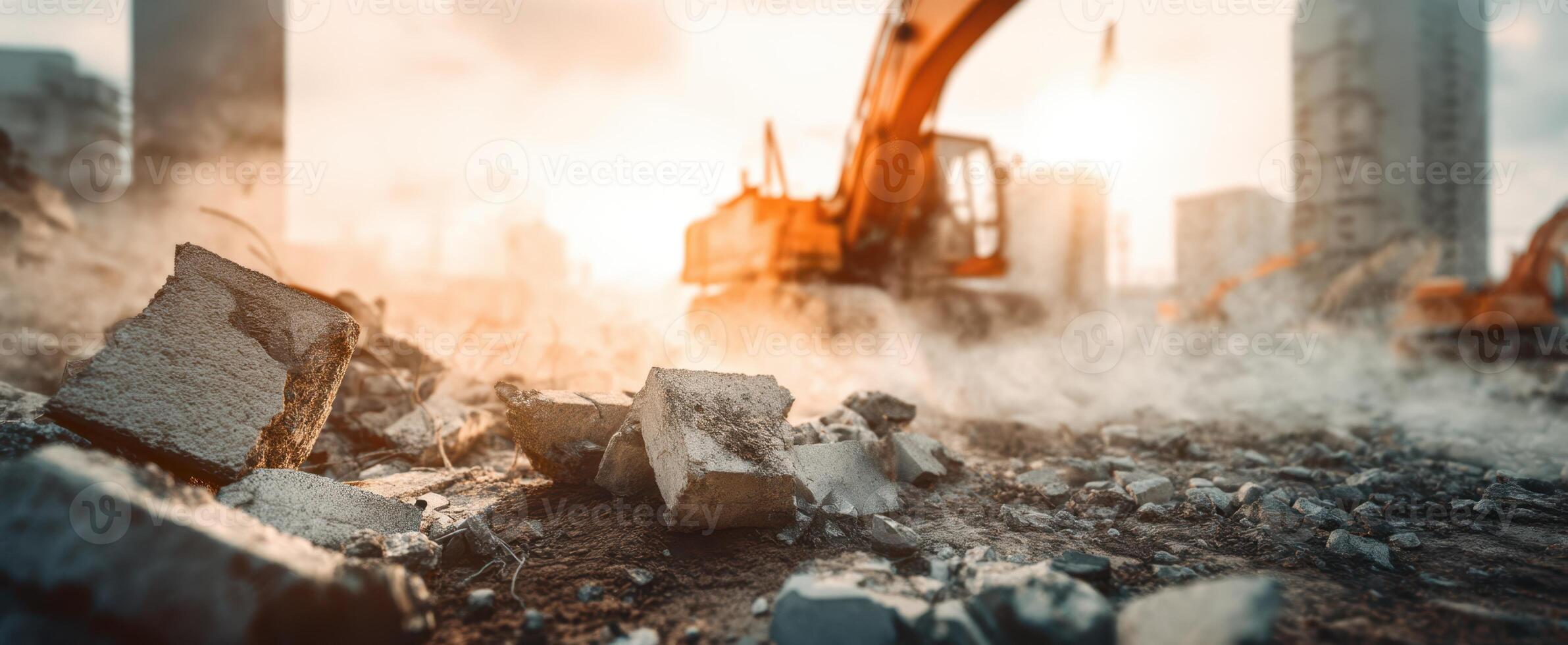 The excavator working on a construction site with dust and rubble in sunlight. photo