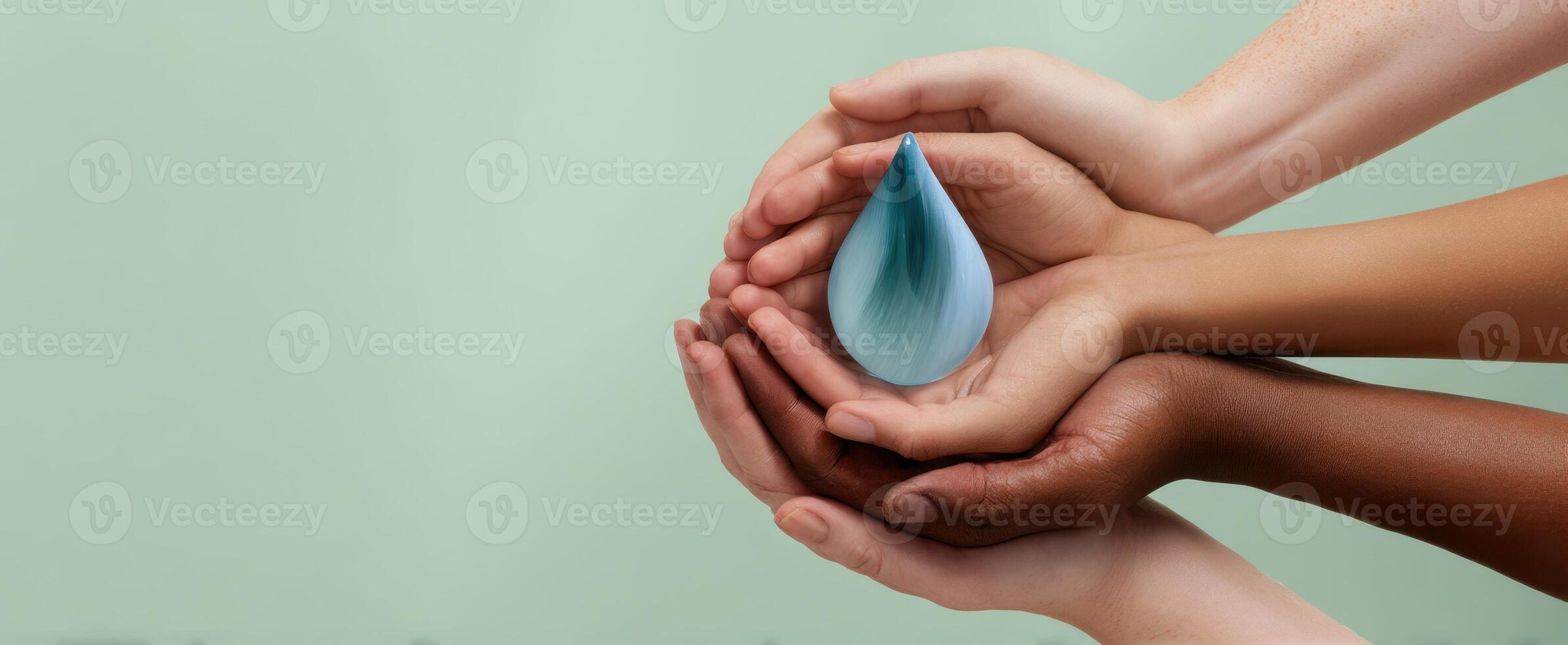 The hands supporting a blue water droplet symbolizing unity and care. photo
