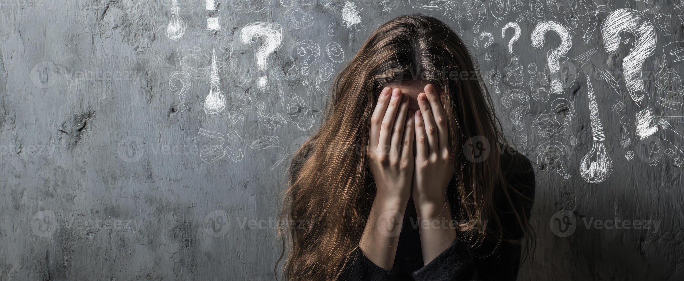 The woman in despair surrounded by question marks and confusion. photo