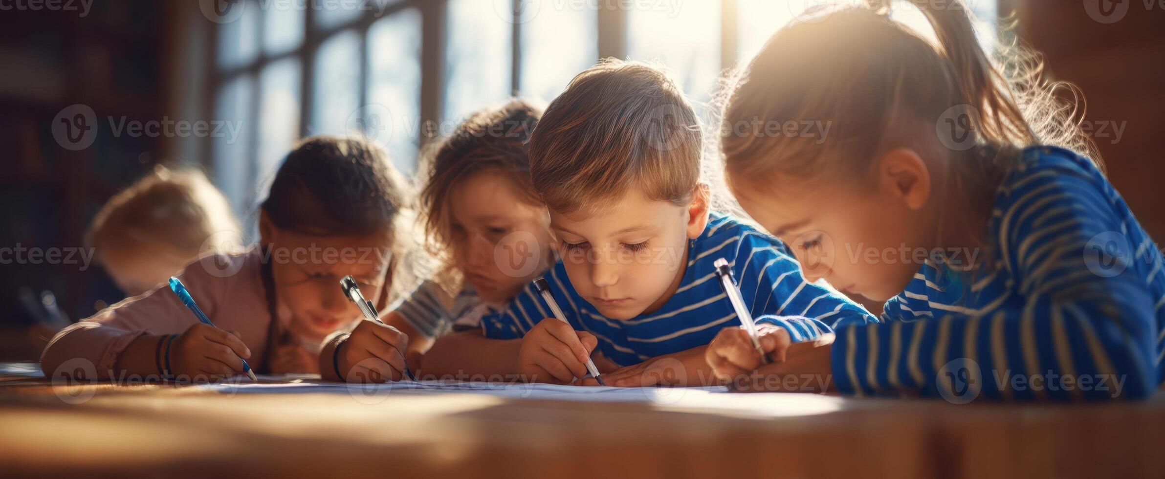 The children engaged in creative writing activities together in a bright room. photo