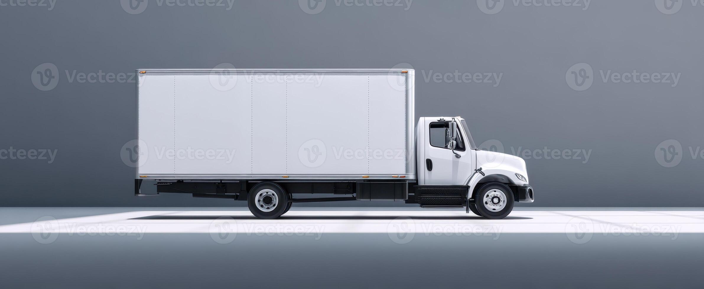 The white delivery truck in a minimalist modern setting. photo