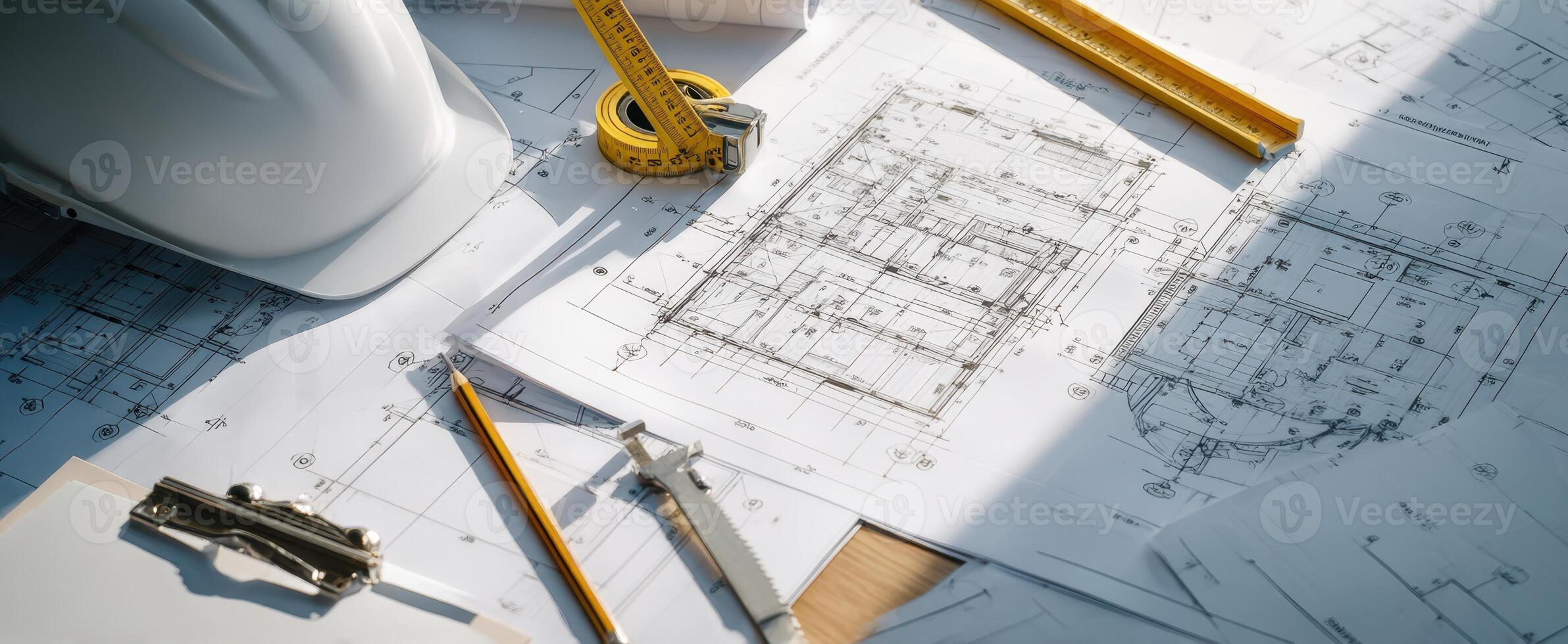 The architectural blueprint and tools on a workspace for construction planning. photo