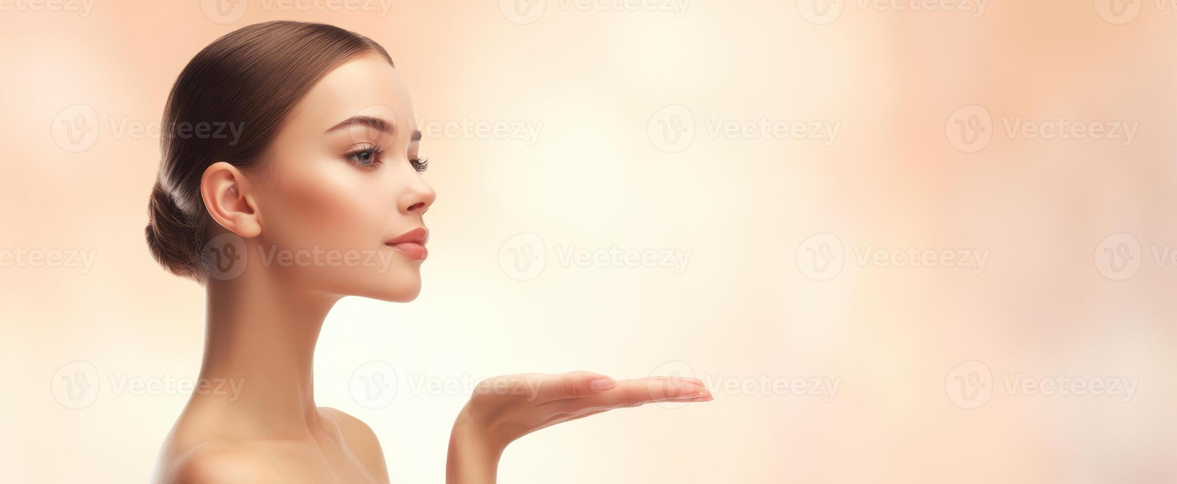 The Elegant Model Showcasing Her Graceful Profile with an Inviting Gesture photo