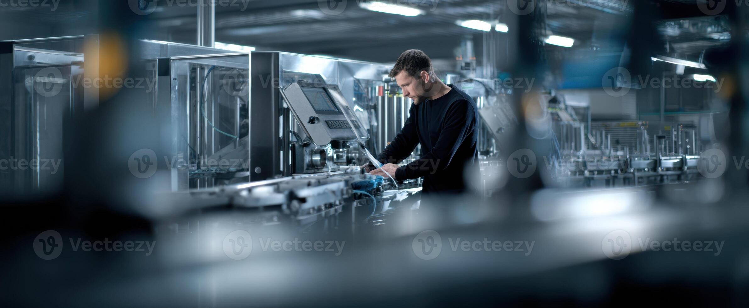 The technician efficiently operating machinery in a modern manufacturing facility. photo