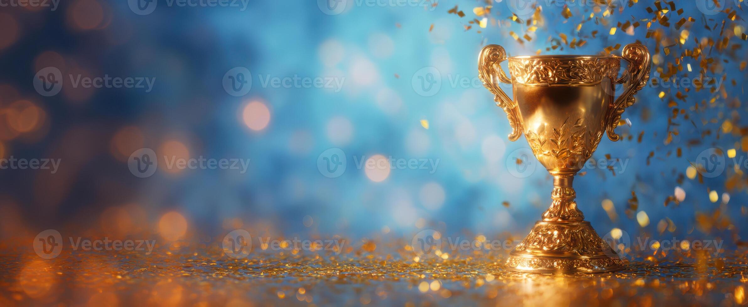 The Golden Trophy Surrounded by Shimmering Confetti and Sparkling Background photo