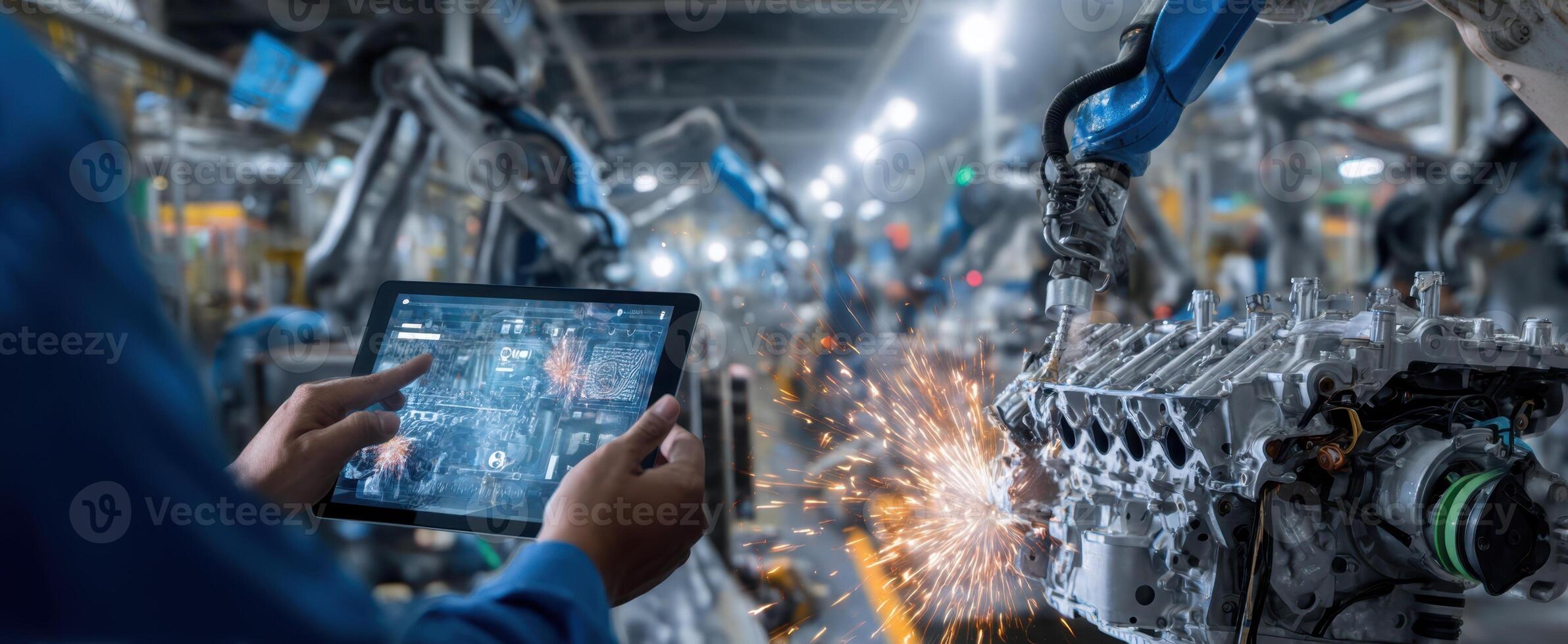 The advanced robotic automation in a modern manufacturing facility. photo