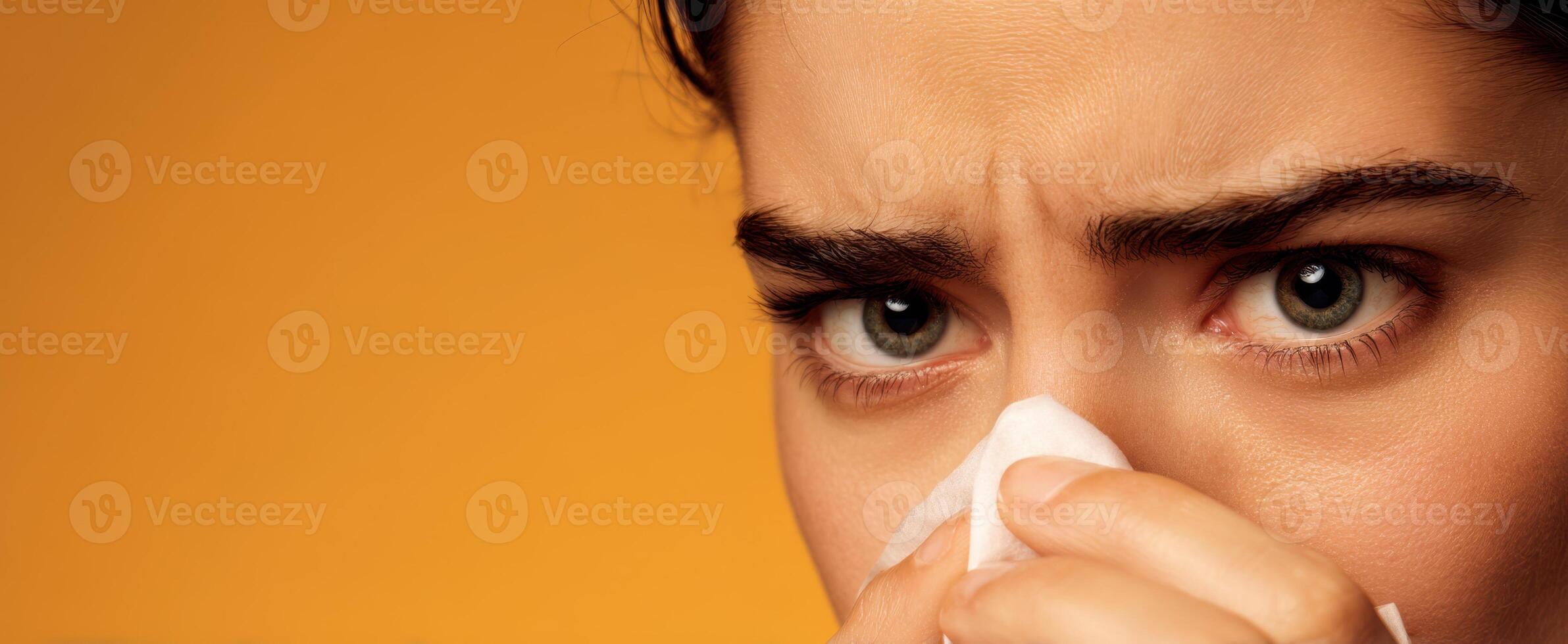 The woman holding a tissue and displaying a concerned expression. photo