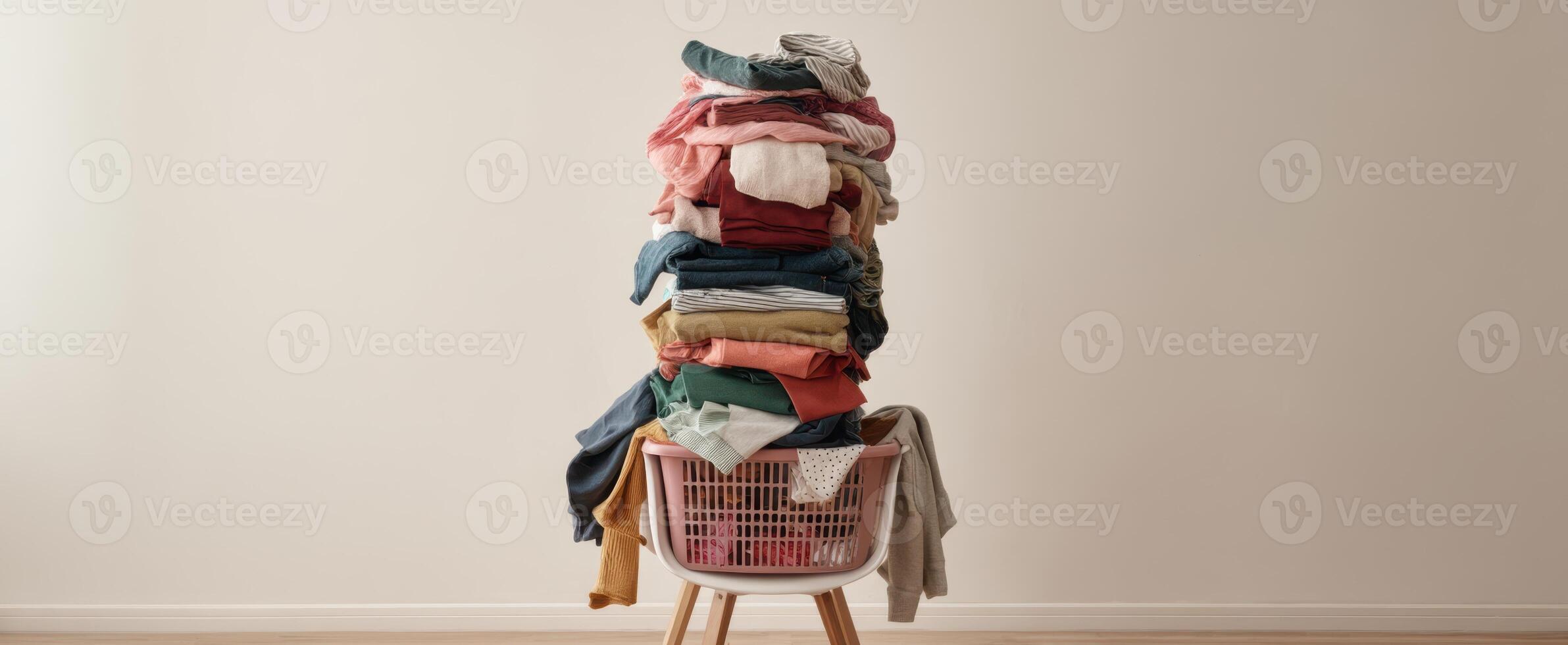 The mountain of colorful clothes stacked in a laundry basket at home. photo