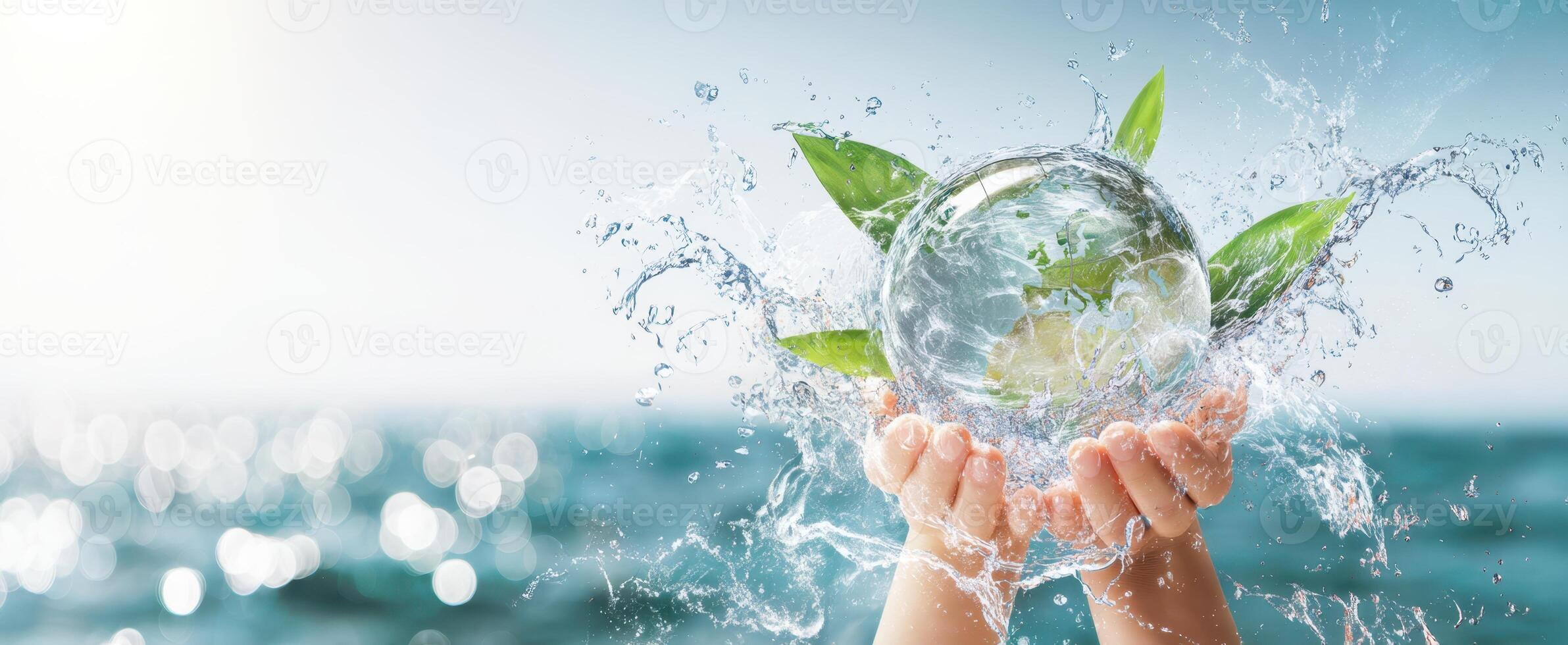 The hands holding a water globe surrounded by splashing leaves and purity. photo
