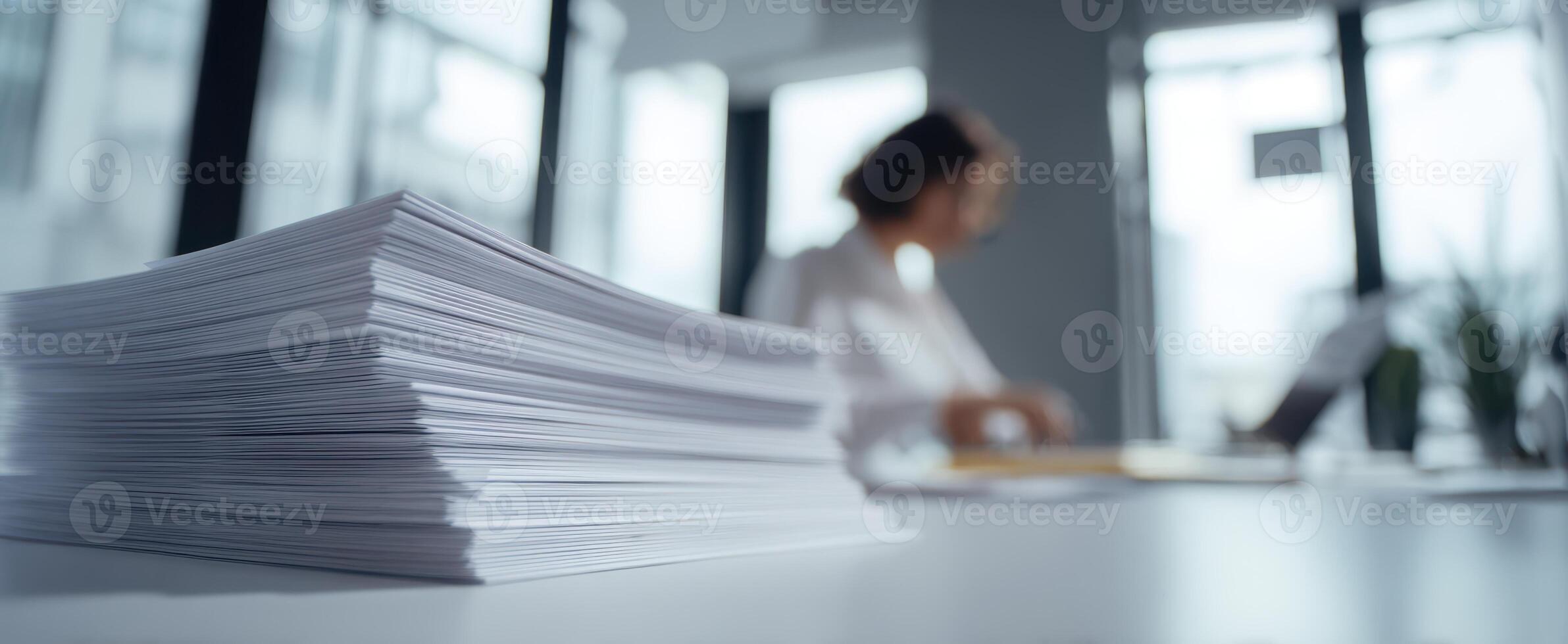 The stack of paperwork in an office environment with a focused employee working. photo