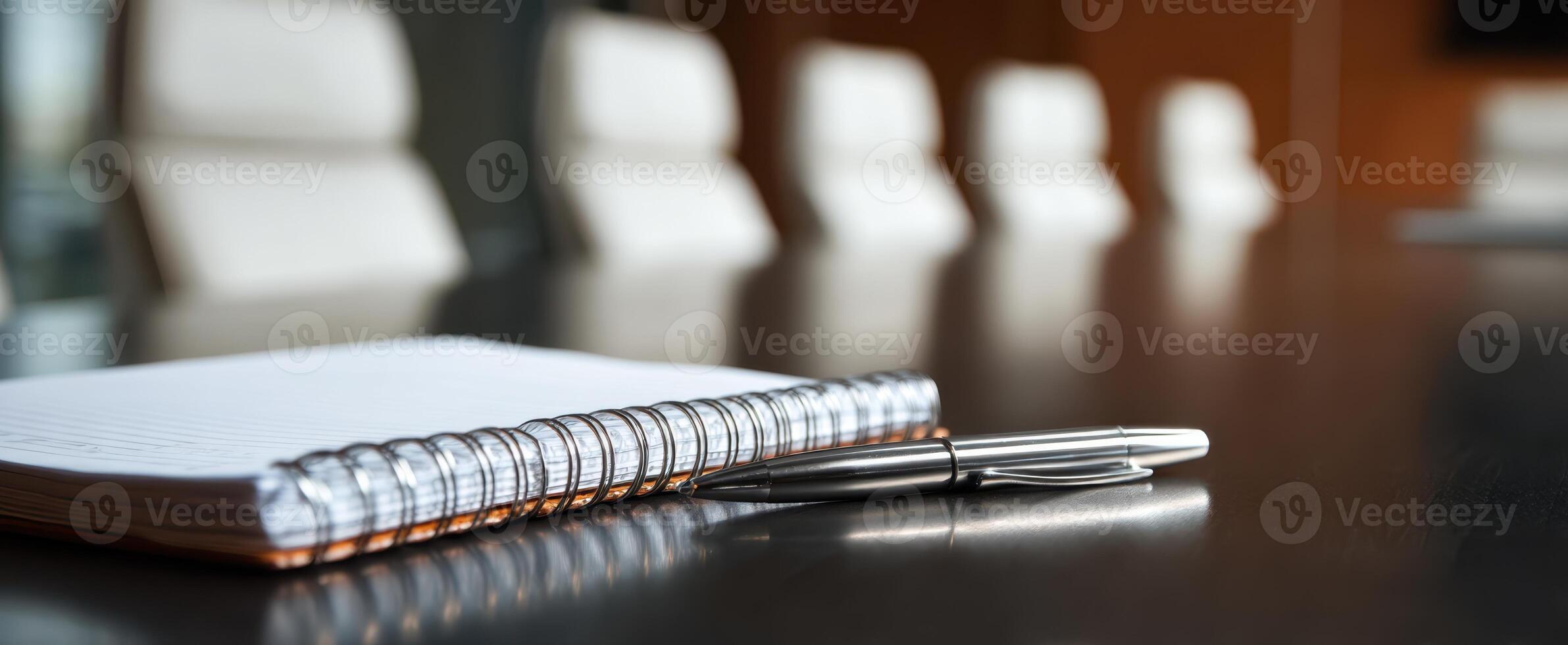 The sleek notebook and pen on a polished conference table in a corporate setting. photo