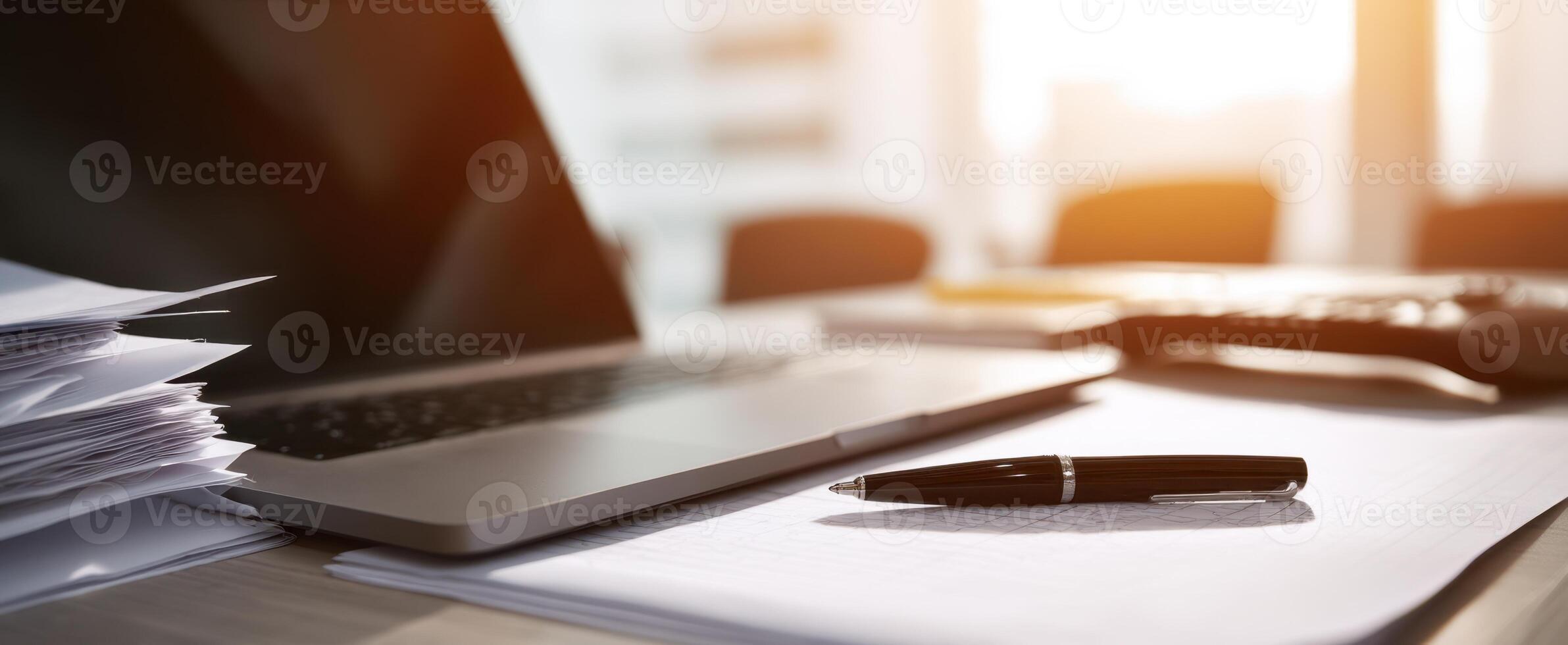 The laptop and paperwork create a productive office workspace atmosphere. photo
