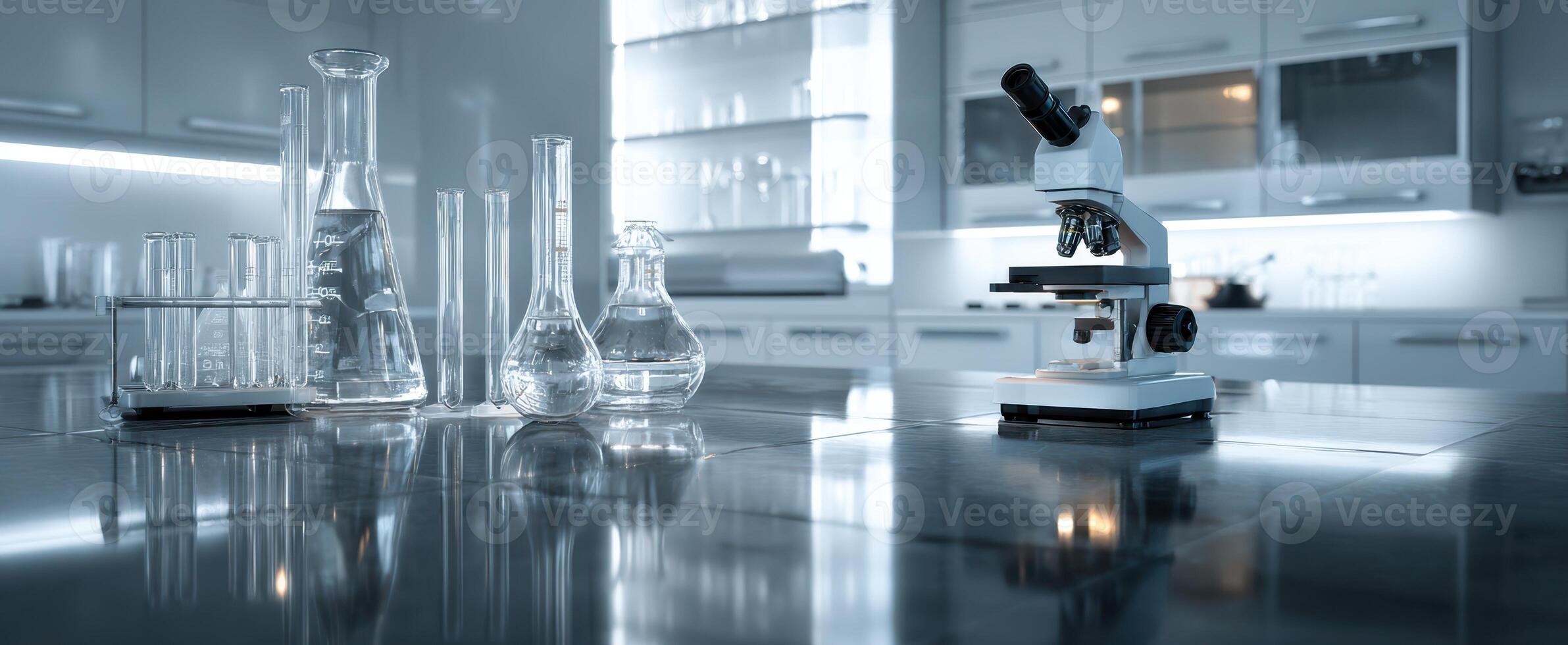 The microscope in a modern laboratory setting with glassware and research tools. photo