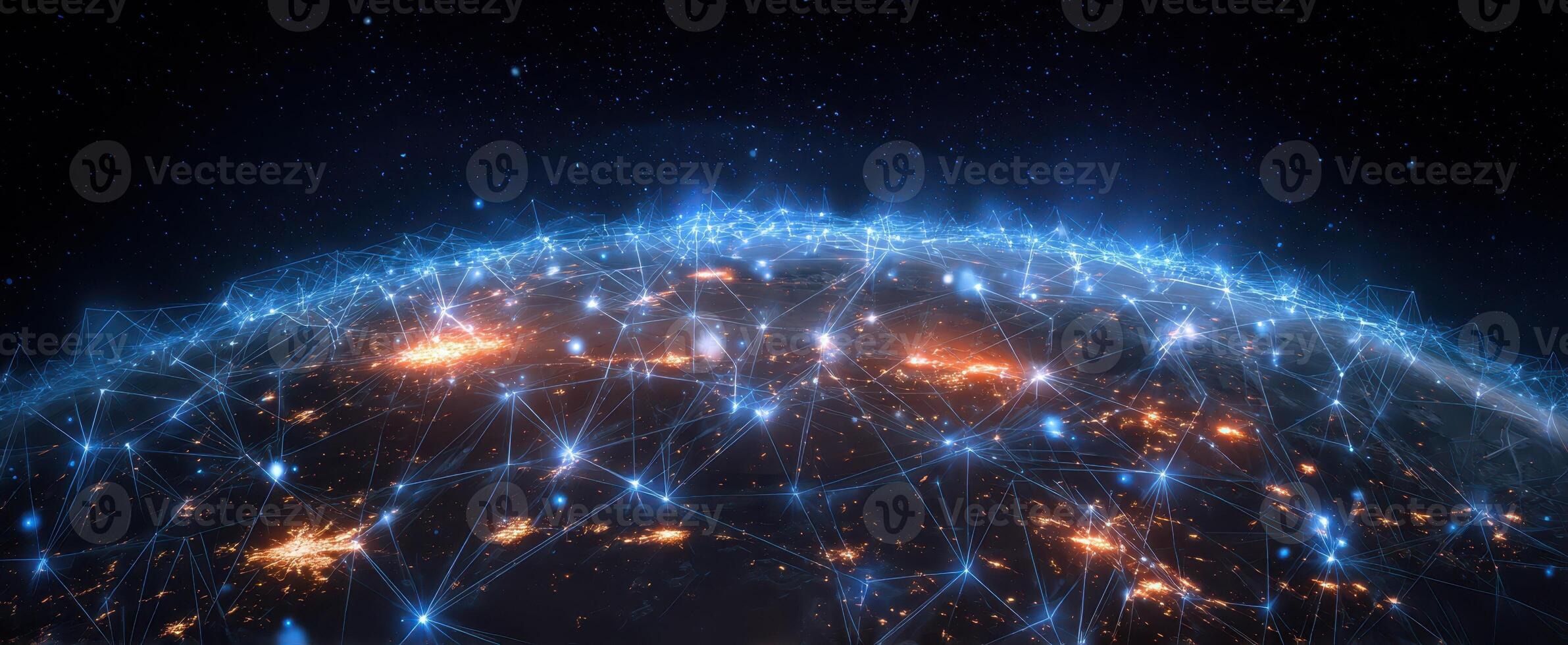 The digital network connecting our world through bright glowing nodes and lines. photo