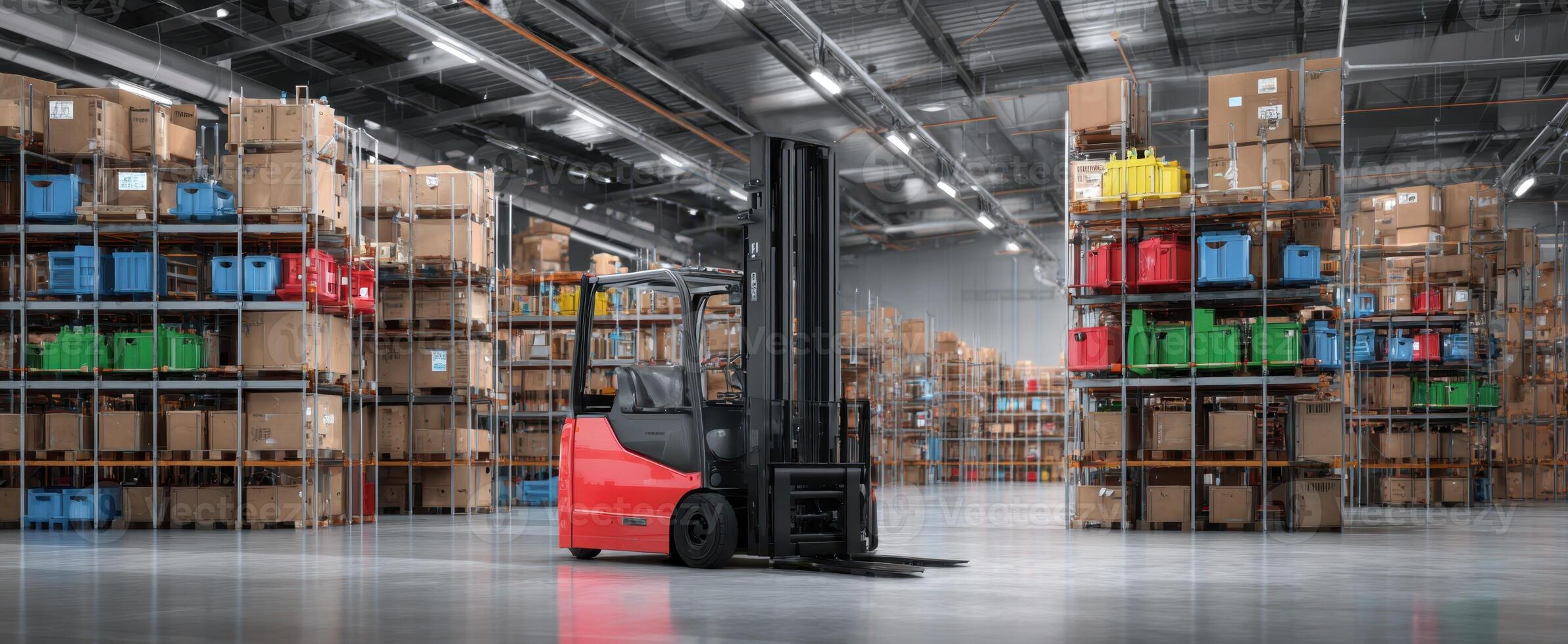 The forklift in a well-organized warehouse filled with stacked boxes and containers. photo