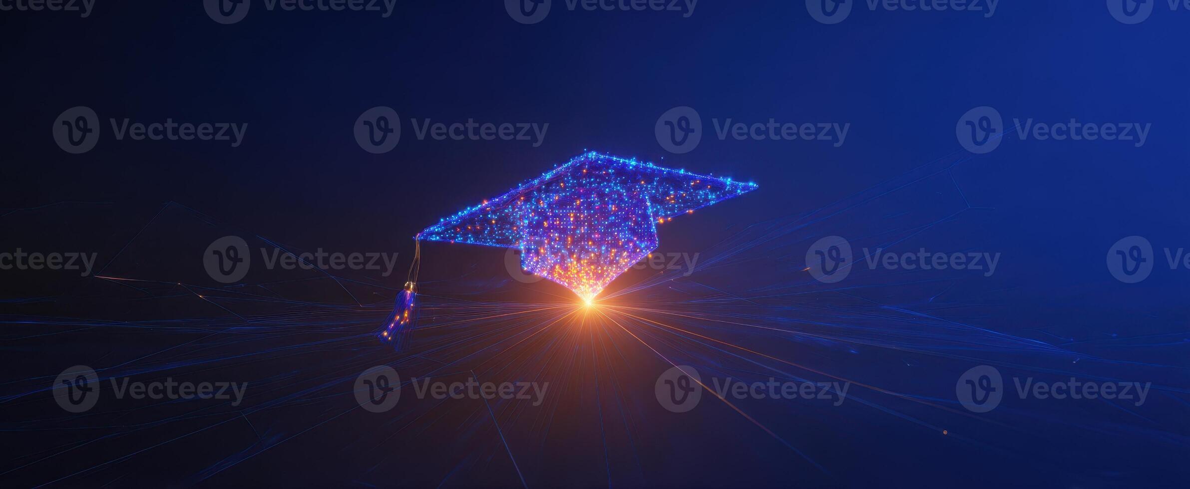 The Graduation Cap Illuminated by Bright Digital Light in a Futuristic Setting photo