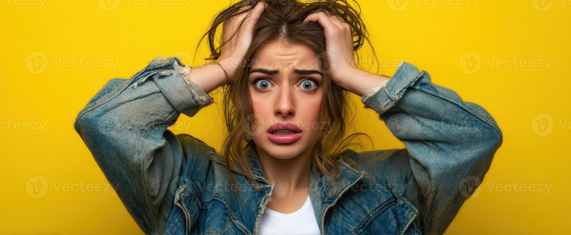 The distressed woman expressing overwhelming emotions against a vibrant yellow background. photo