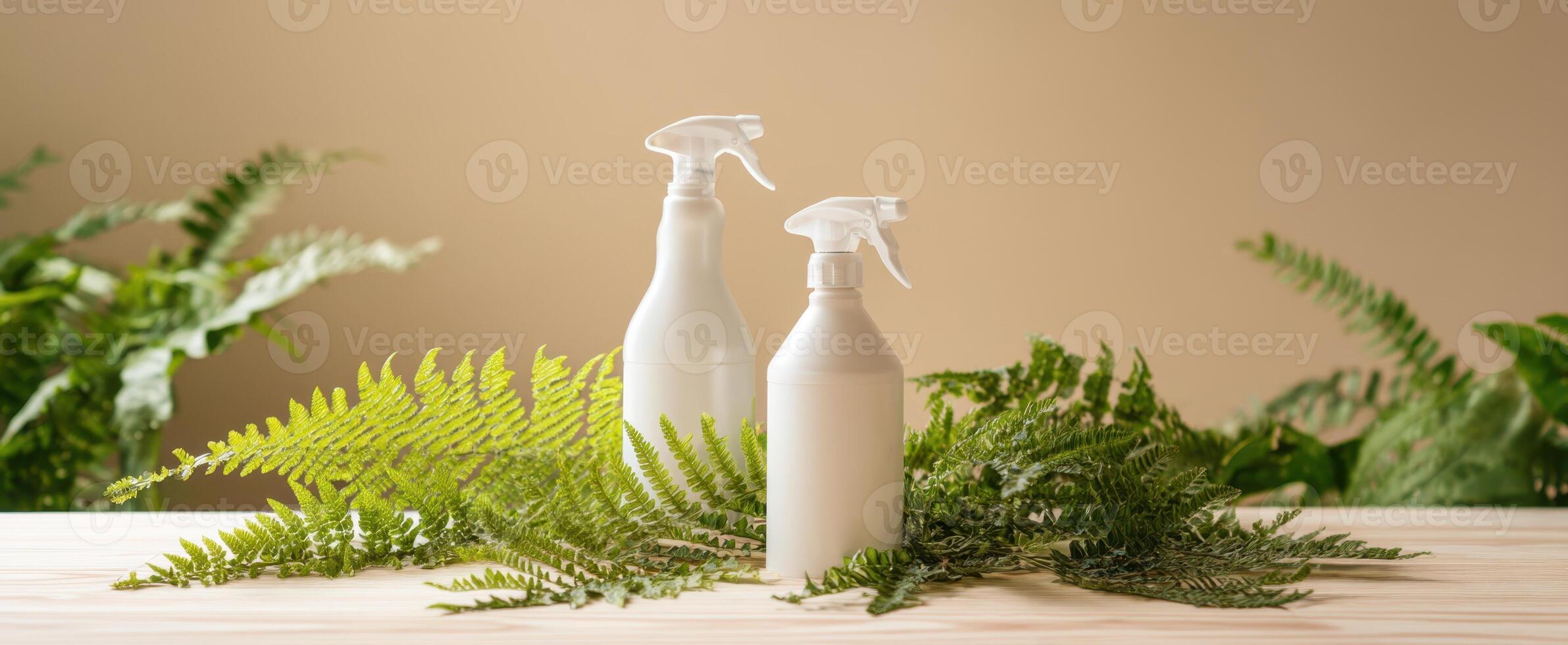 The elegant display of spray bottles among lush green ferns photo